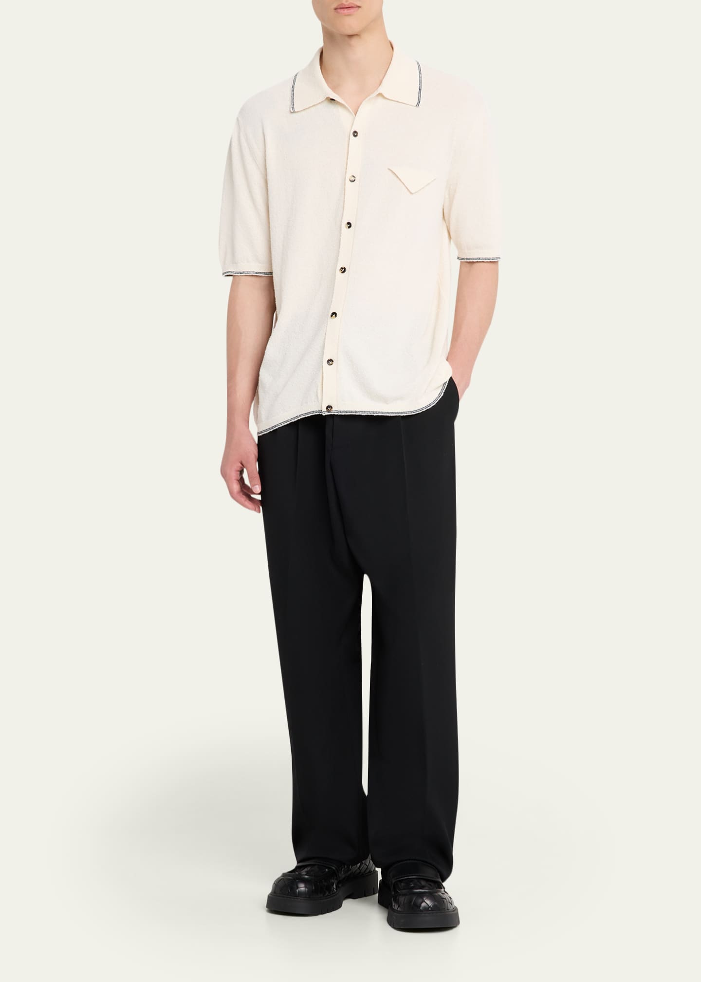 Bottega Veneta Men's Boucle Triangle Pocket Short-Sleeve Shirt Image 2 of 5