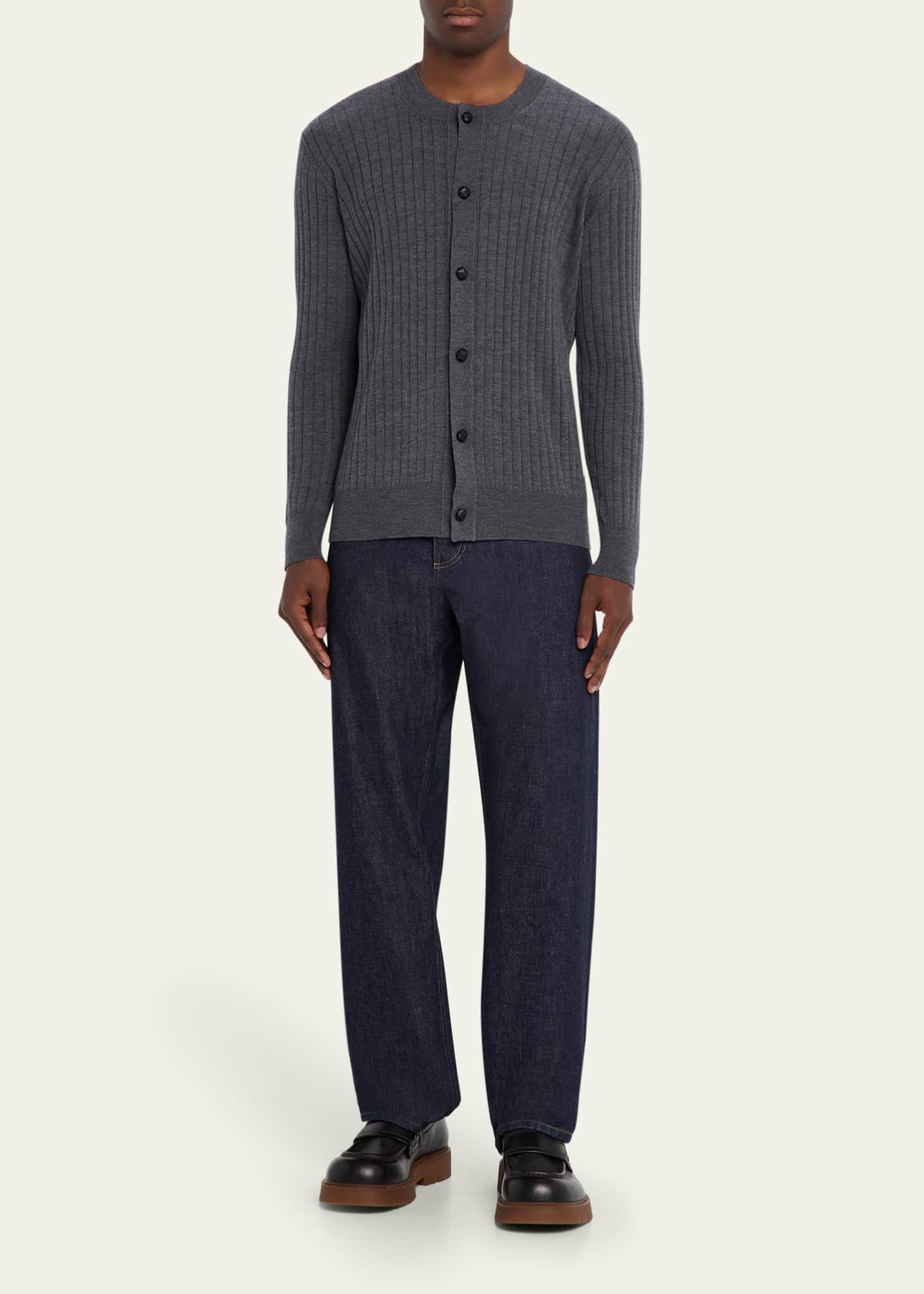 Bottega Veneta Men's Ribbed Wool Cardigan with Leather Buttons