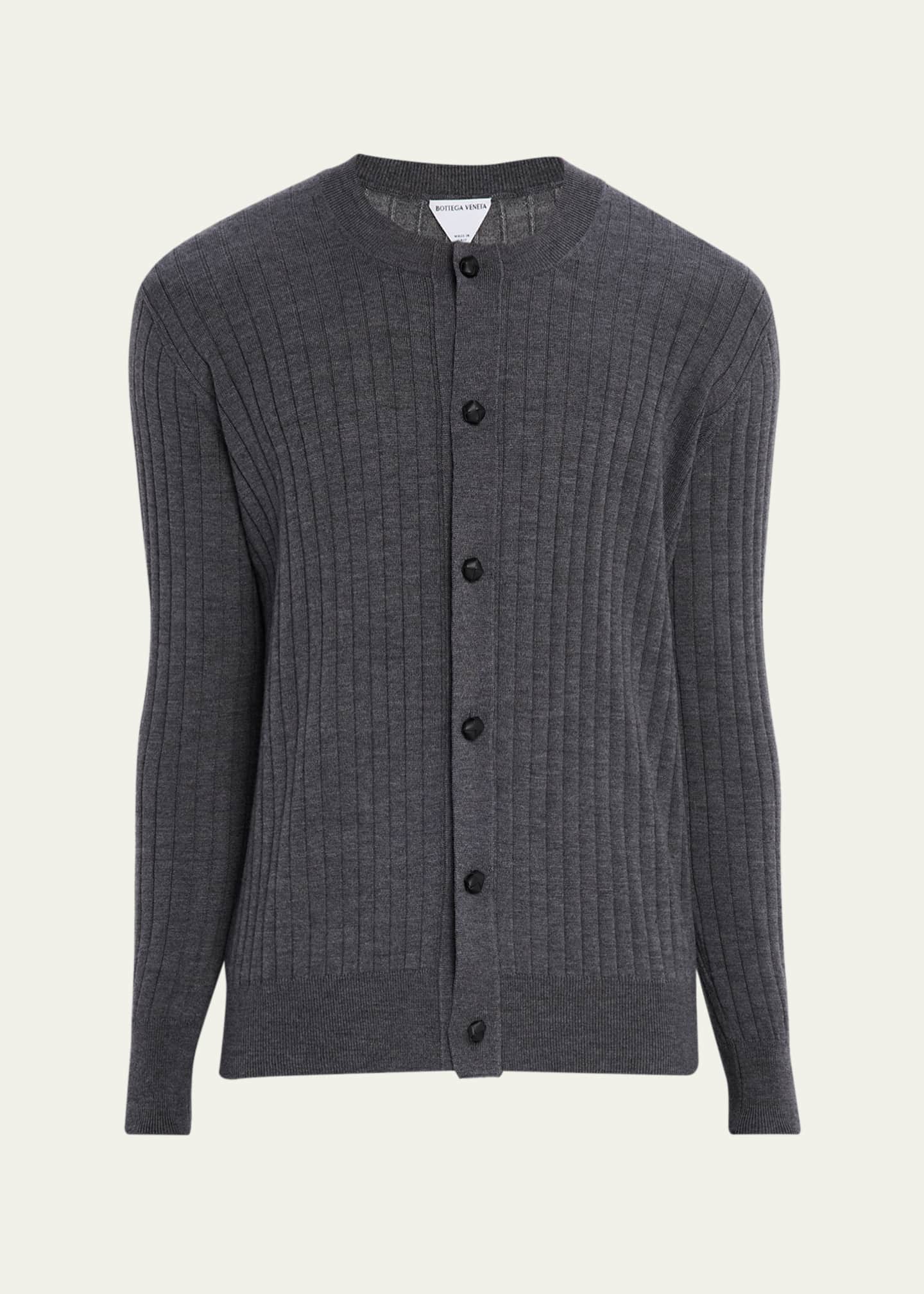 Bottega Veneta Men's Ribbed Wool Cardigan with Leather Buttons
