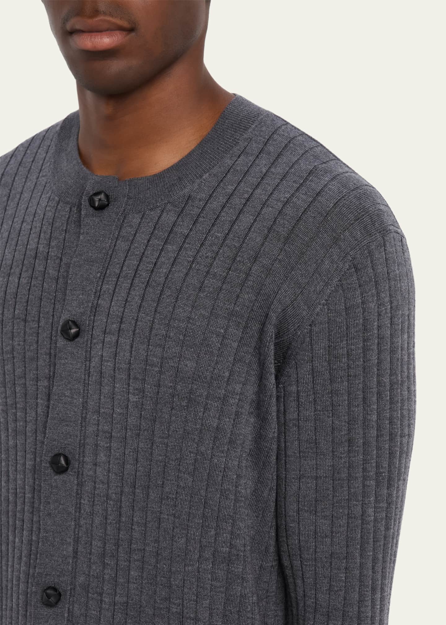 Bottega Veneta Men's Ribbed Wool Cardigan with Leather Buttons
