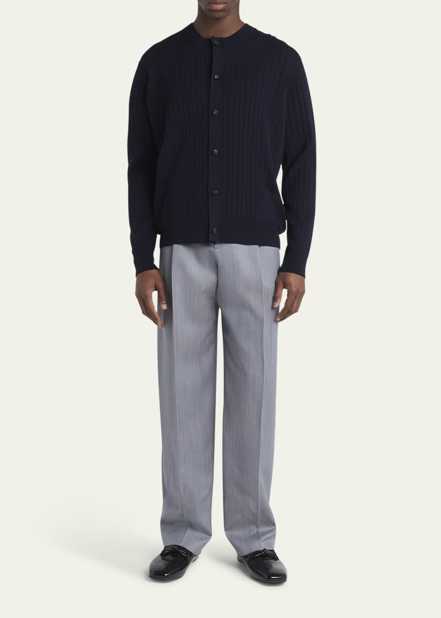 Bottega Veneta Men's Ribbed Wool Cardigan with Leather Buttons Image 2 of 5