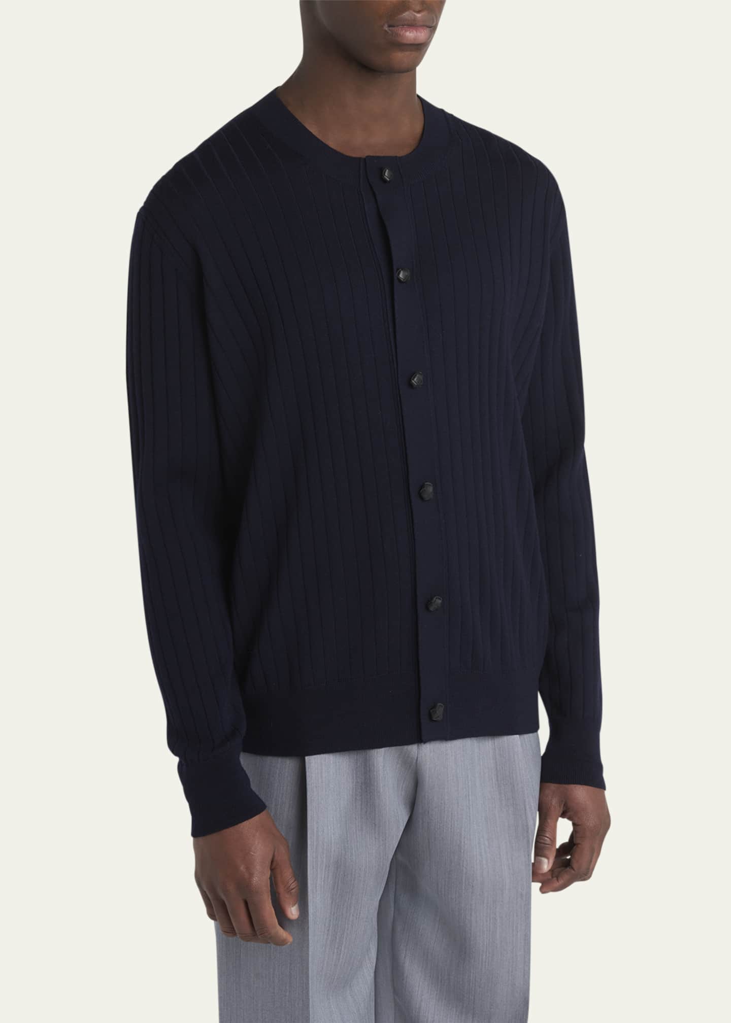 Bottega Veneta Men's Ribbed Wool Cardigan with Leather Buttons Image 4 of 5