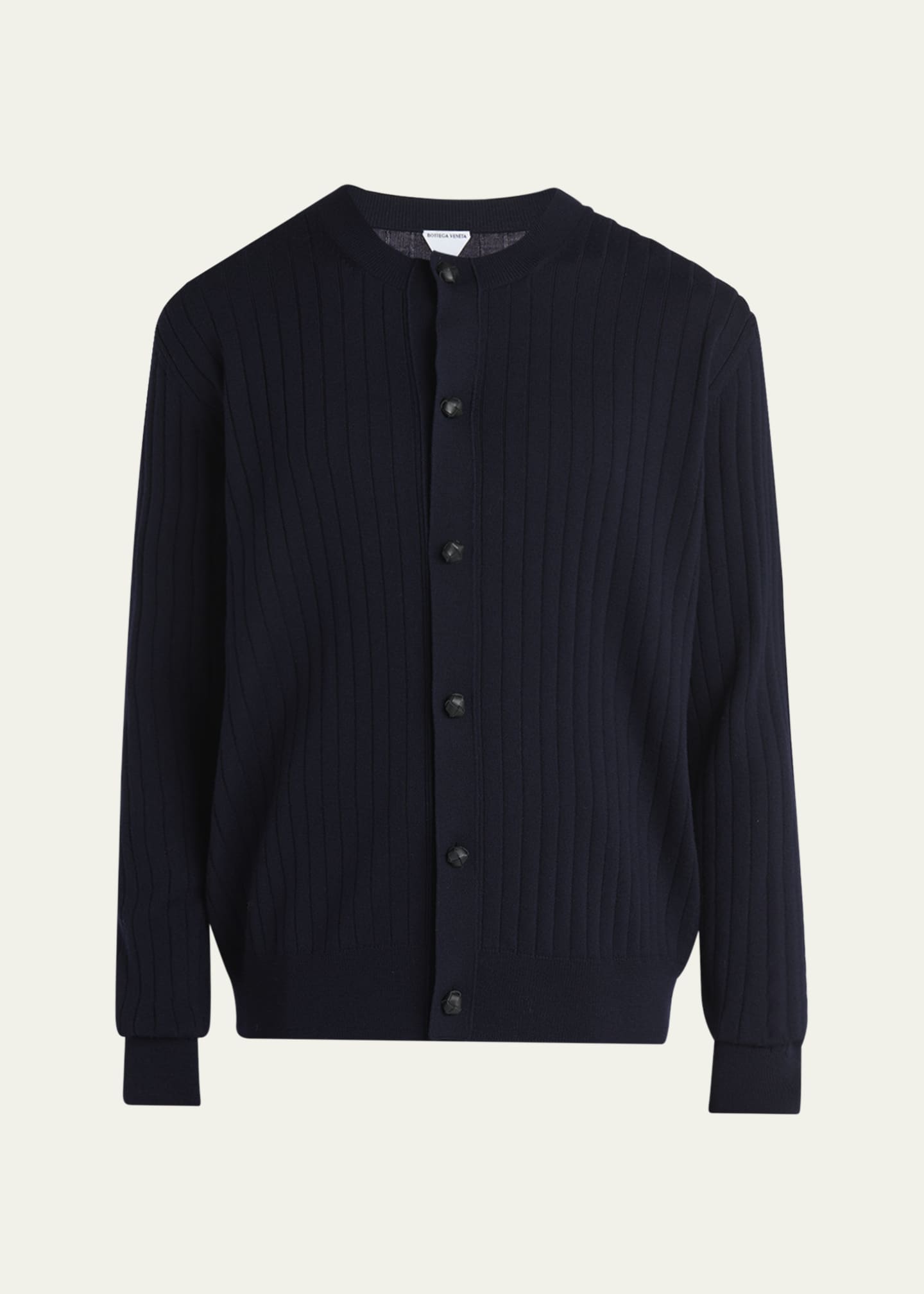 Bottega Veneta Men's Ribbed Wool Cardigan with Leather Buttons Image 1 of 5