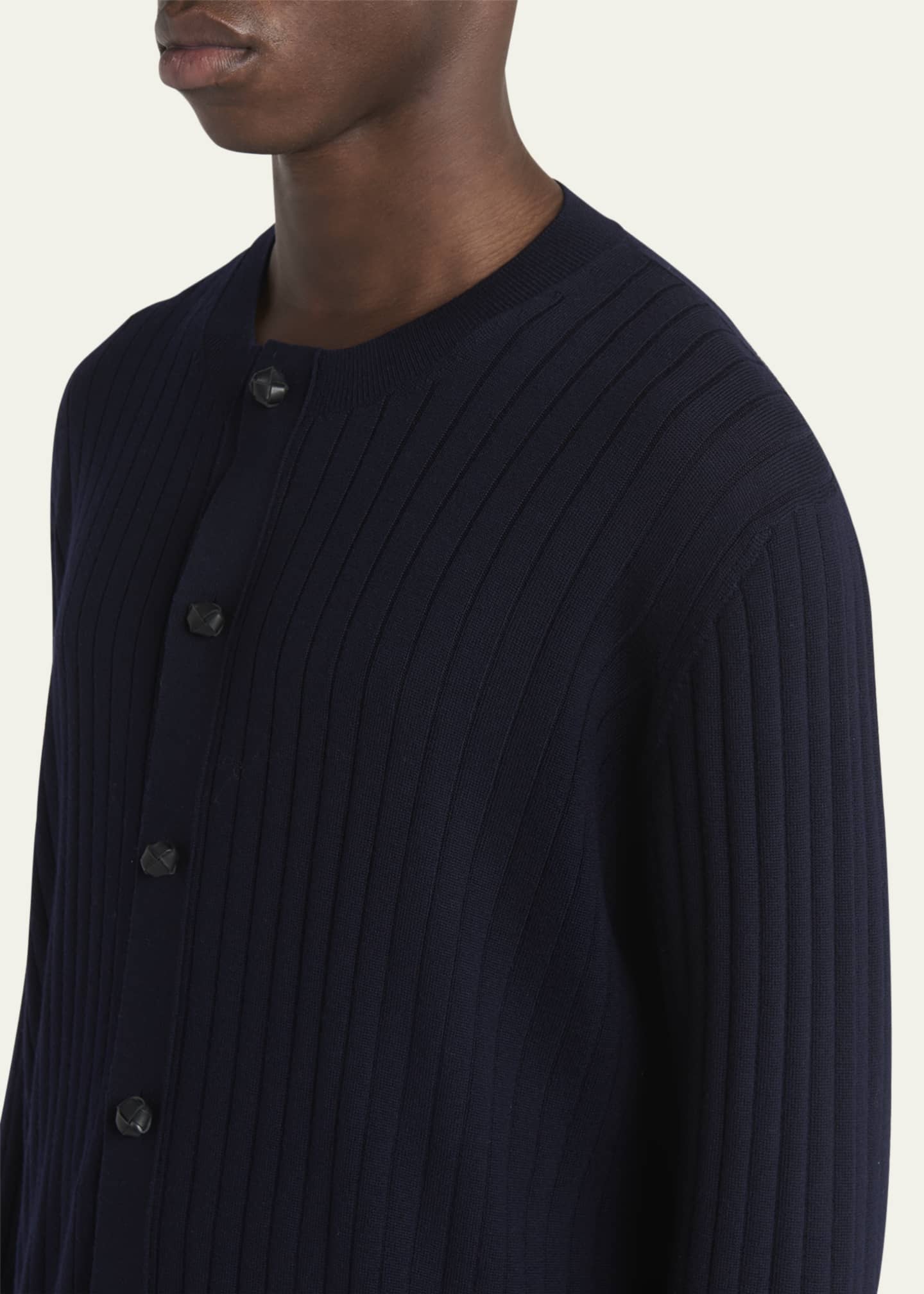 Bottega Veneta Men's Ribbed Wool Cardigan with Leather Buttons Image 5 of 5