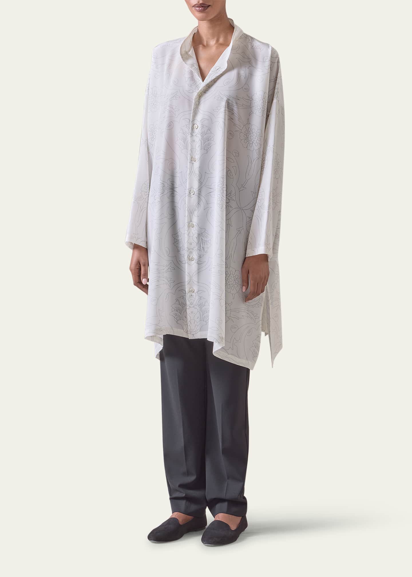 Eskandar Tile-Print Ottoman Wide A-Line Collarless Shirt With Slits (Very Long Length) Image 2 of 5