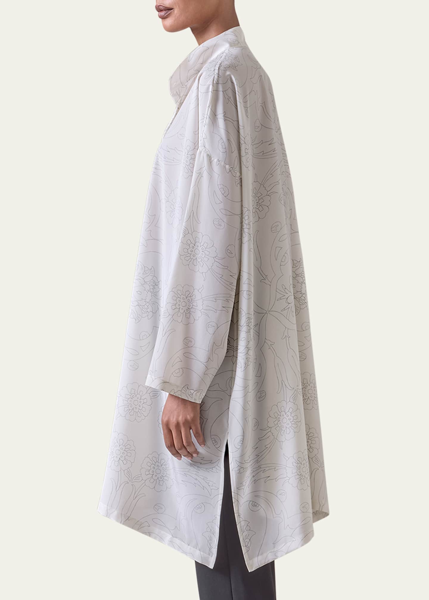 Eskandar Tile-Print Ottoman Wide A-Line Collarless Shirt With Slits (Very Long Length) Image 4 of 5
