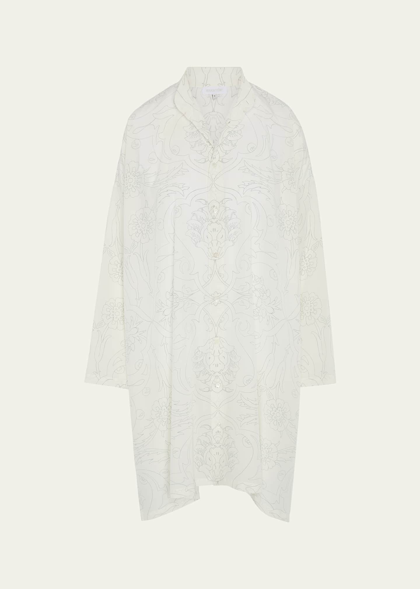 Eskandar Tile-Print Ottoman Wide A-Line Collarless Shirt With Slits (Very Long Length) Image 1 of 5