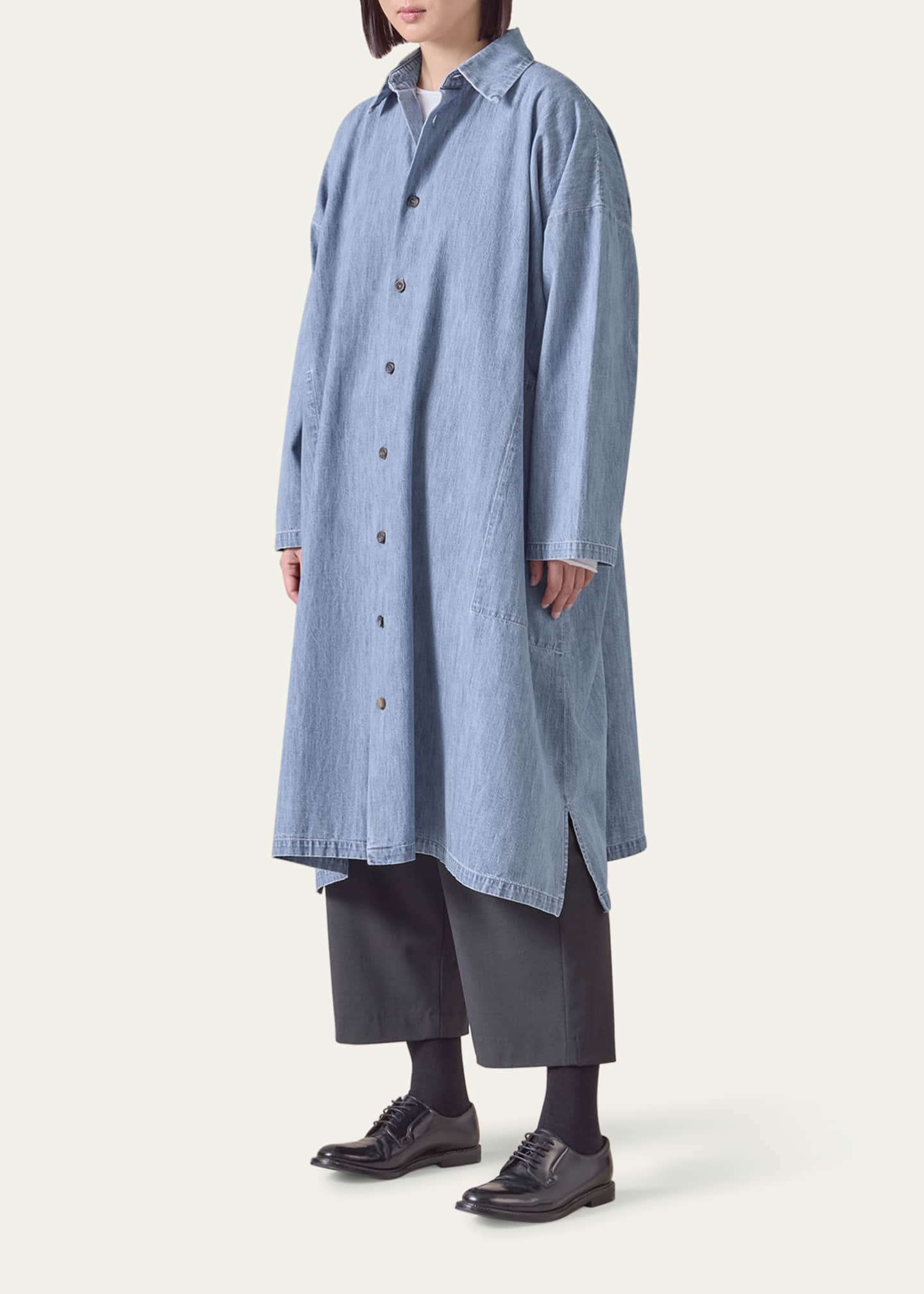 Eskandar Denim Wide A-Line Back-Pleat Shirtdress With Collar Image 2 of 5