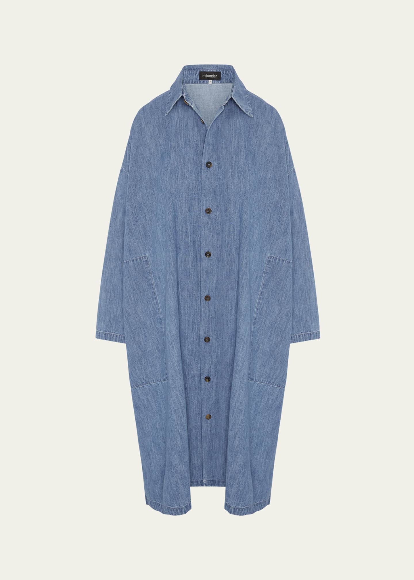 Eskandar Denim Wide A-Line Back-Pleat Shirtdress With Collar Image 1 of 5