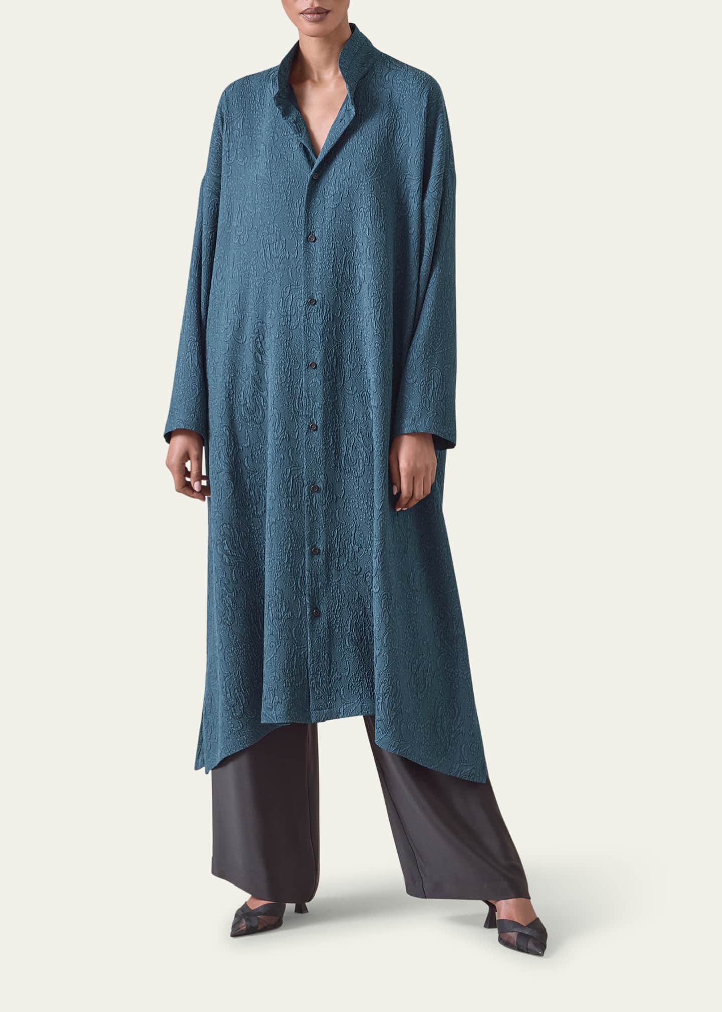 Eskandar Damask Cloque Wide A-Line Double-Stand Collar Shirtdress Image 2 of 5