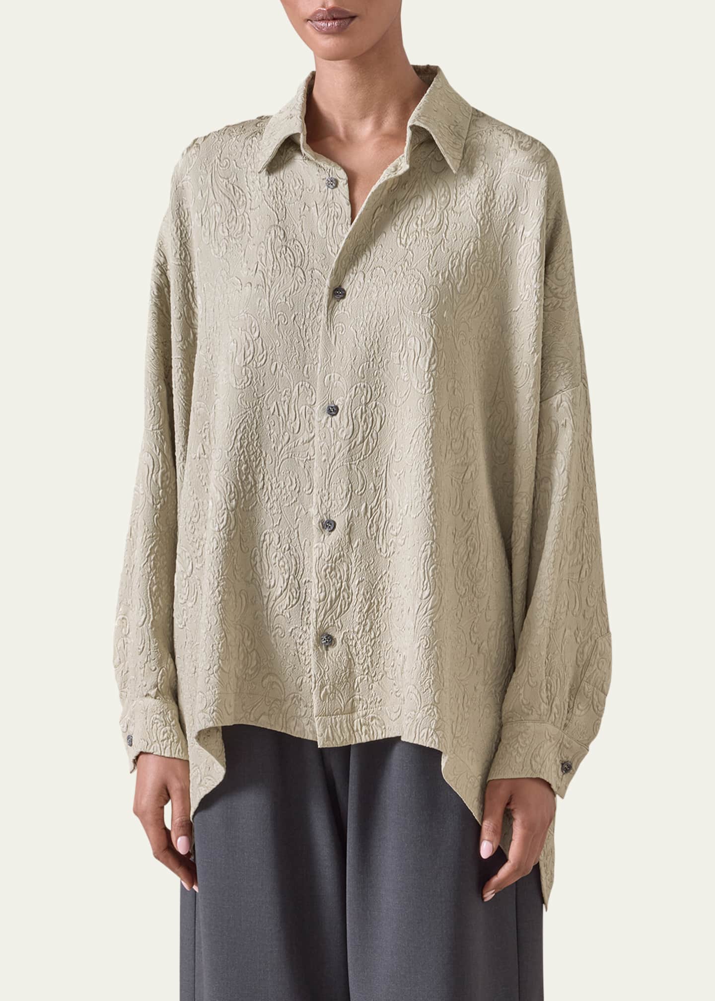Eskandar Damask Cloque Wide Longer-Back Shirt With Collar (Mid Plus Length) Image 2 of 5