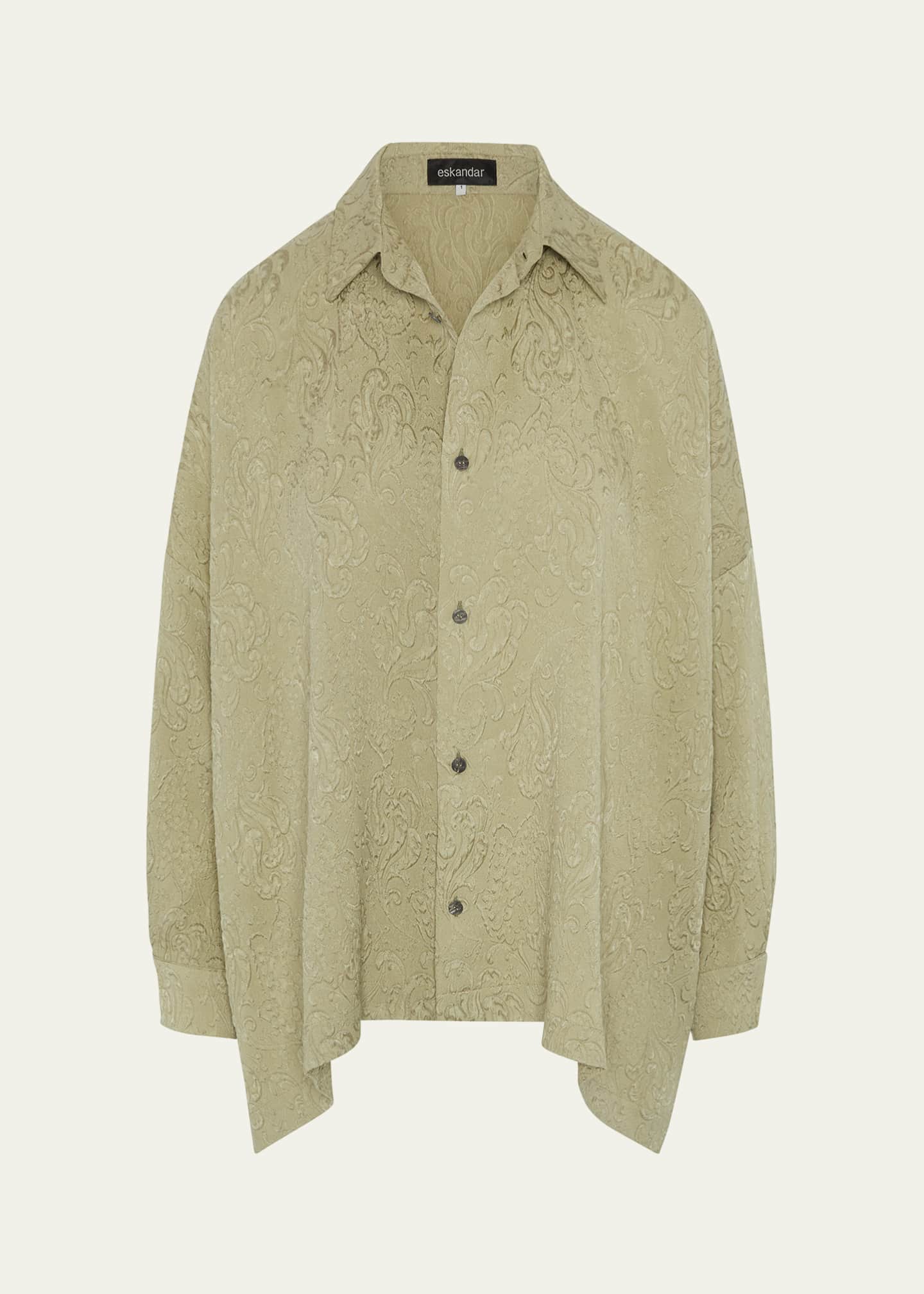 Eskandar Damask Cloque Wide Longer-Back Shirt With Collar (Mid Plus Length) Image 1 of 5