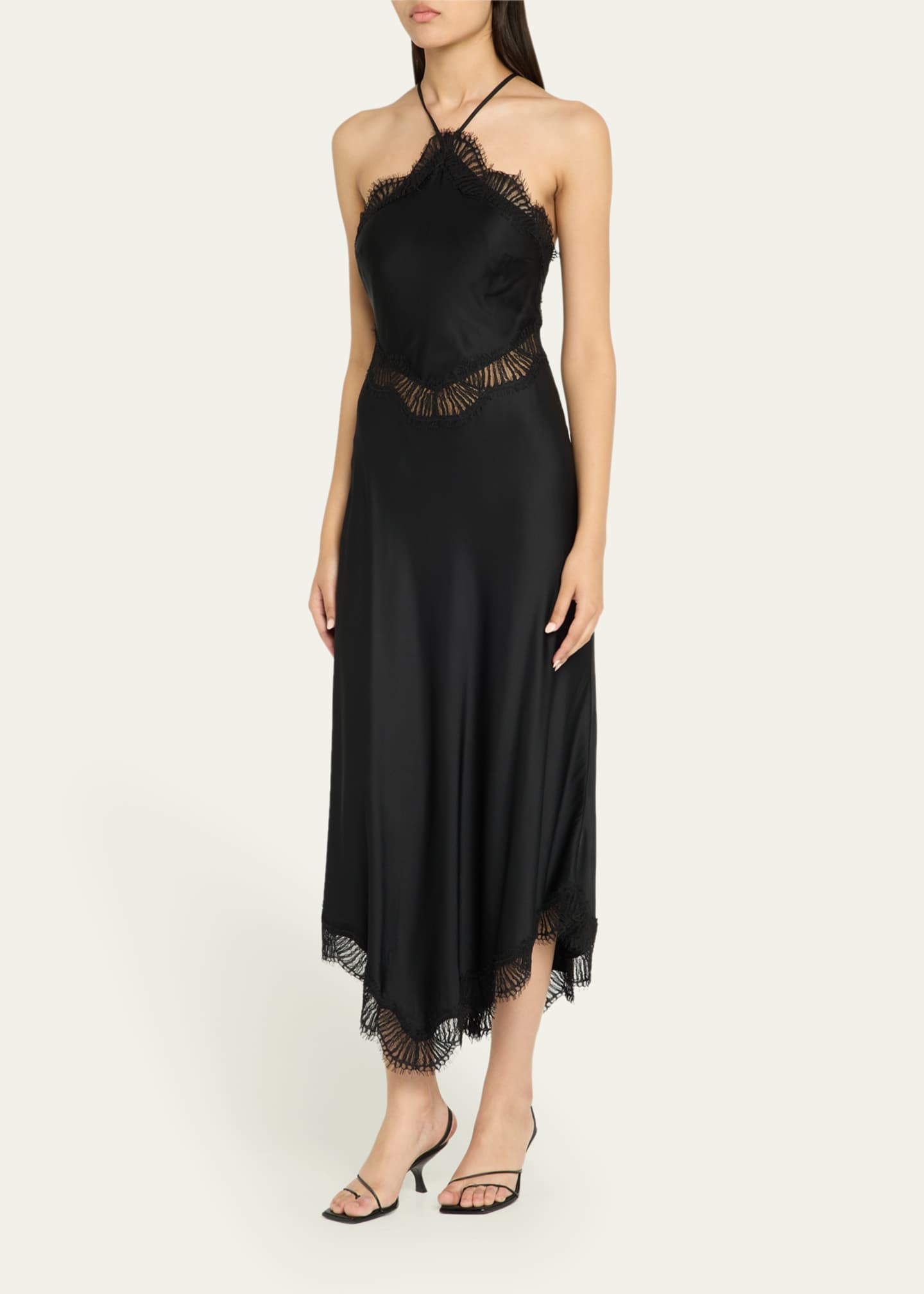 A.L.C. Women's Lucia Satin and Lace Midi Dress in Black/Black, Size 12