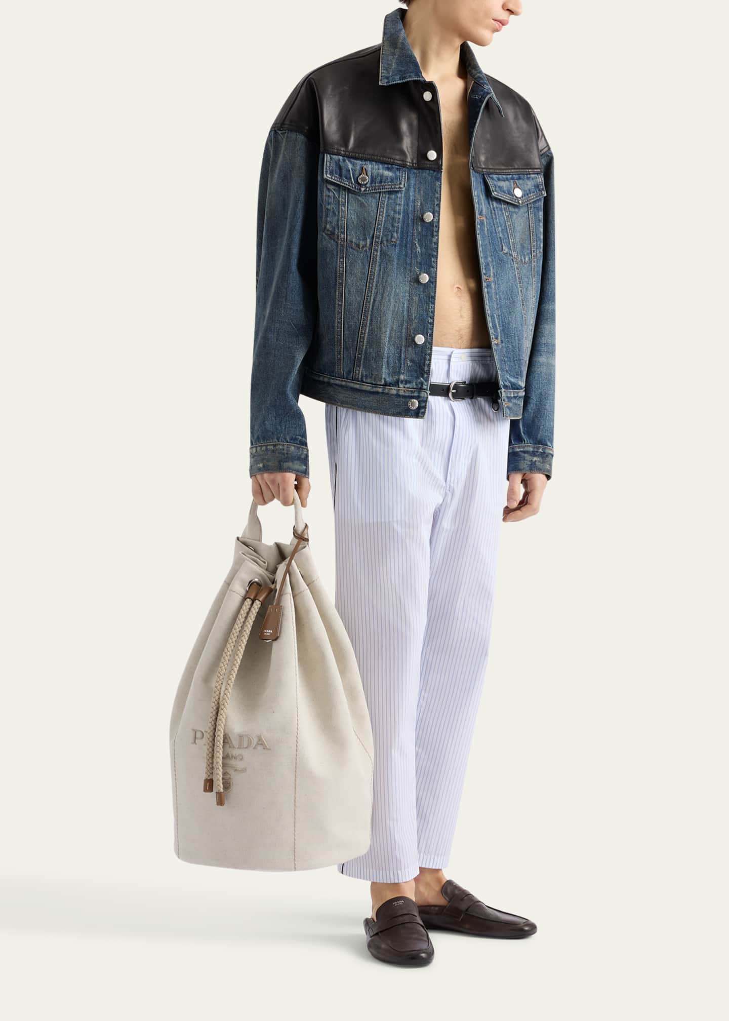Prada Men's Denim and Leather Jacket Image 2 of 5