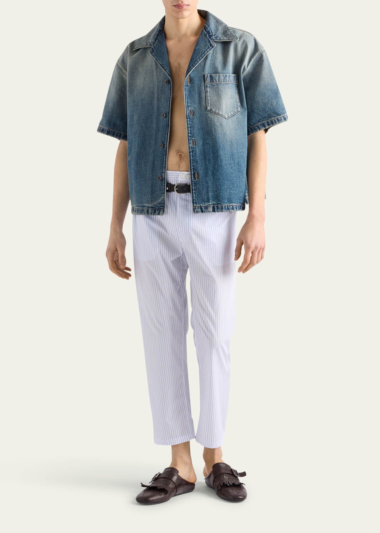 Prada Men's Denim Boxy-Fit Bowling Shirt Image 2 of 4