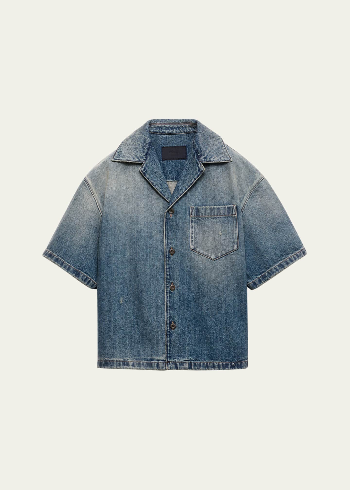 Prada Men's Denim Boxy-Fit Bowling Shirt Image 1 of 4