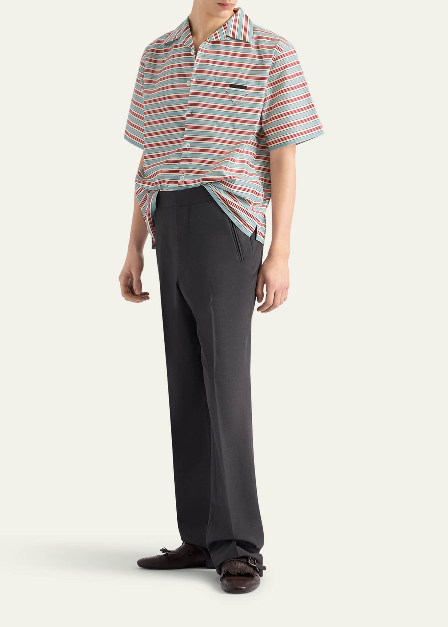 Prada Men's Cotton and Silk Stripe Short-Sleeve Shirt Image 2 of 5