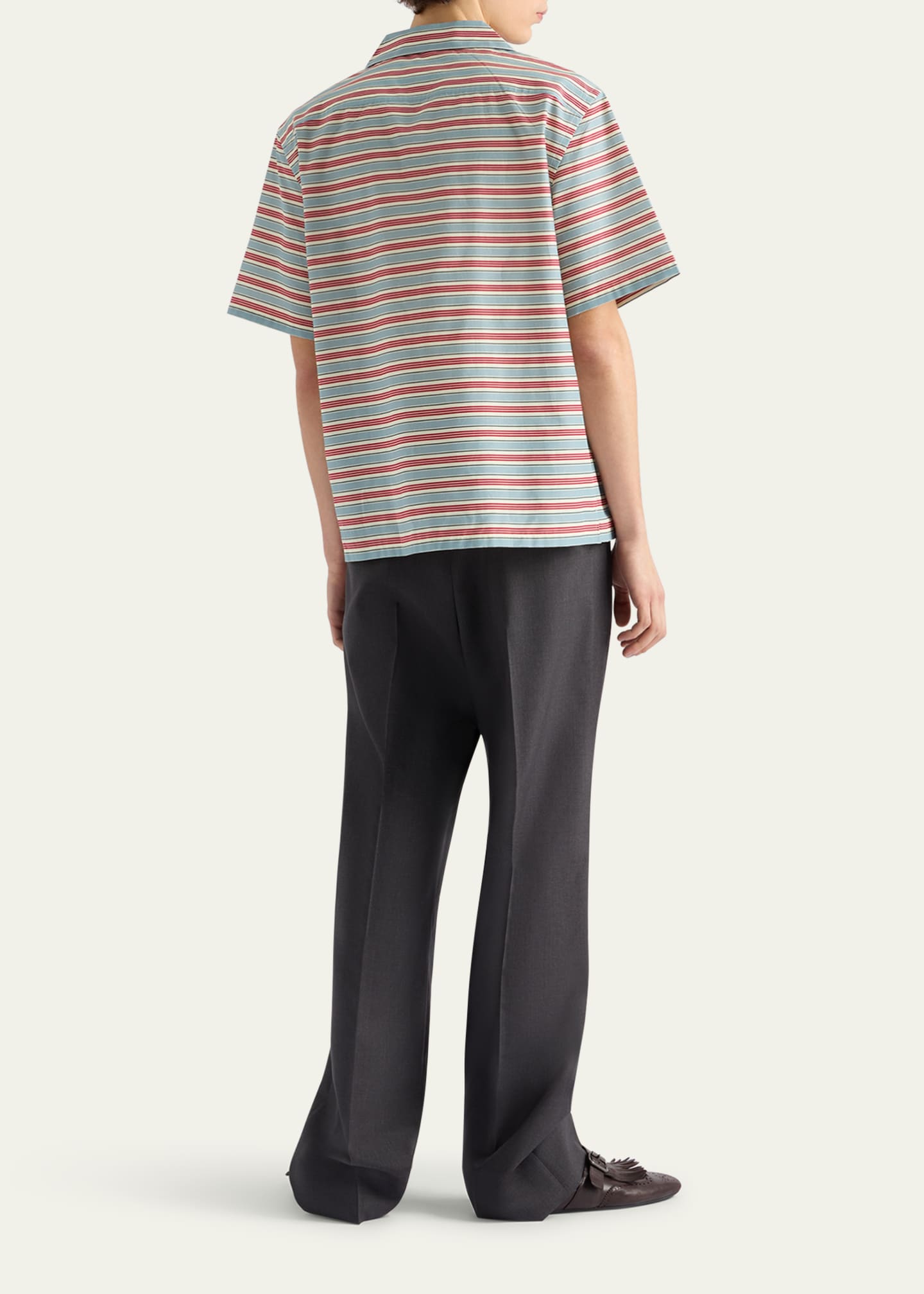 Prada Men's Cotton and Silk Stripe Short-Sleeve Shirt Image 3 of 5