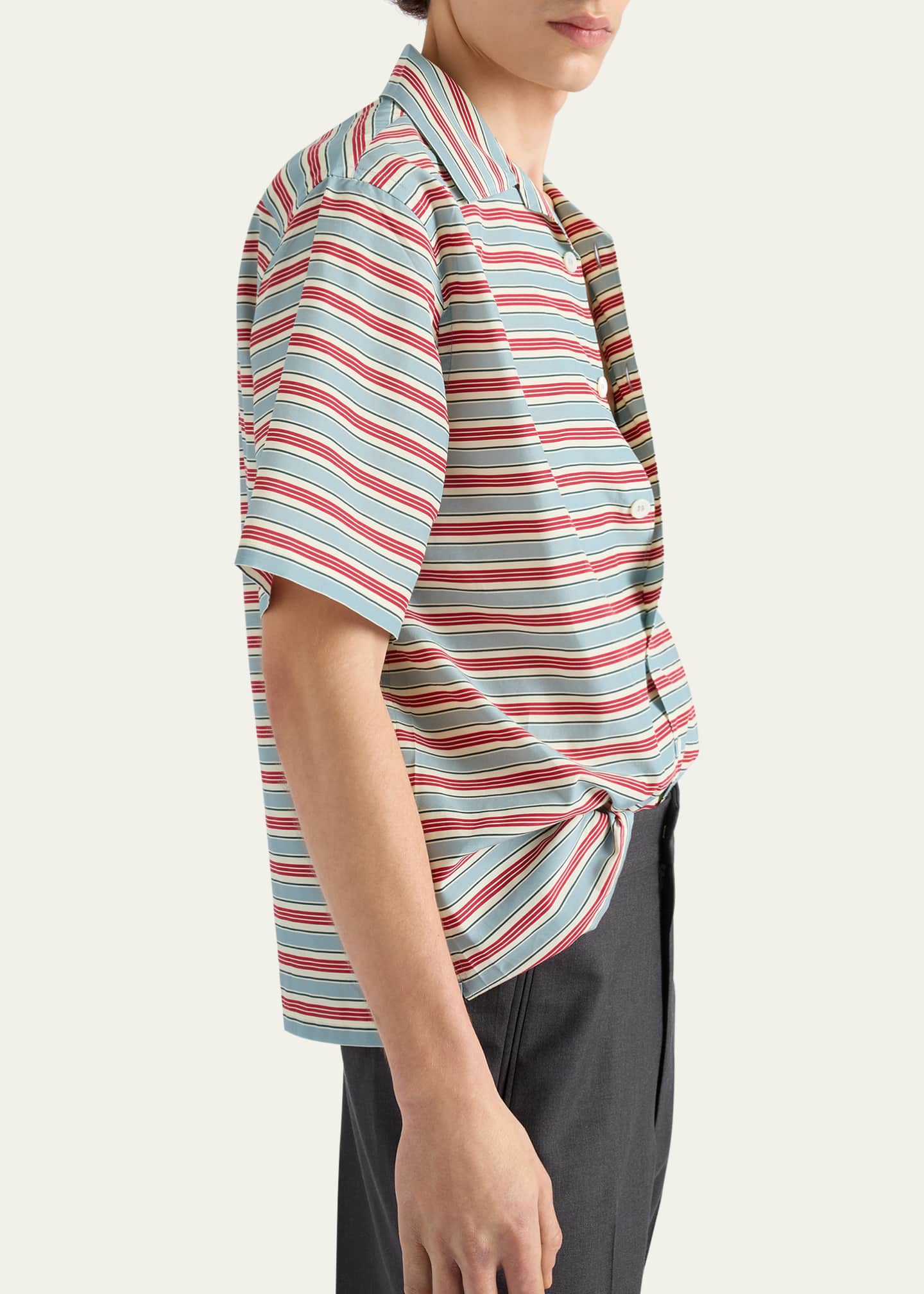 Prada Men's Cotton and Silk Stripe Short-Sleeve Shirt Image 4 of 5
