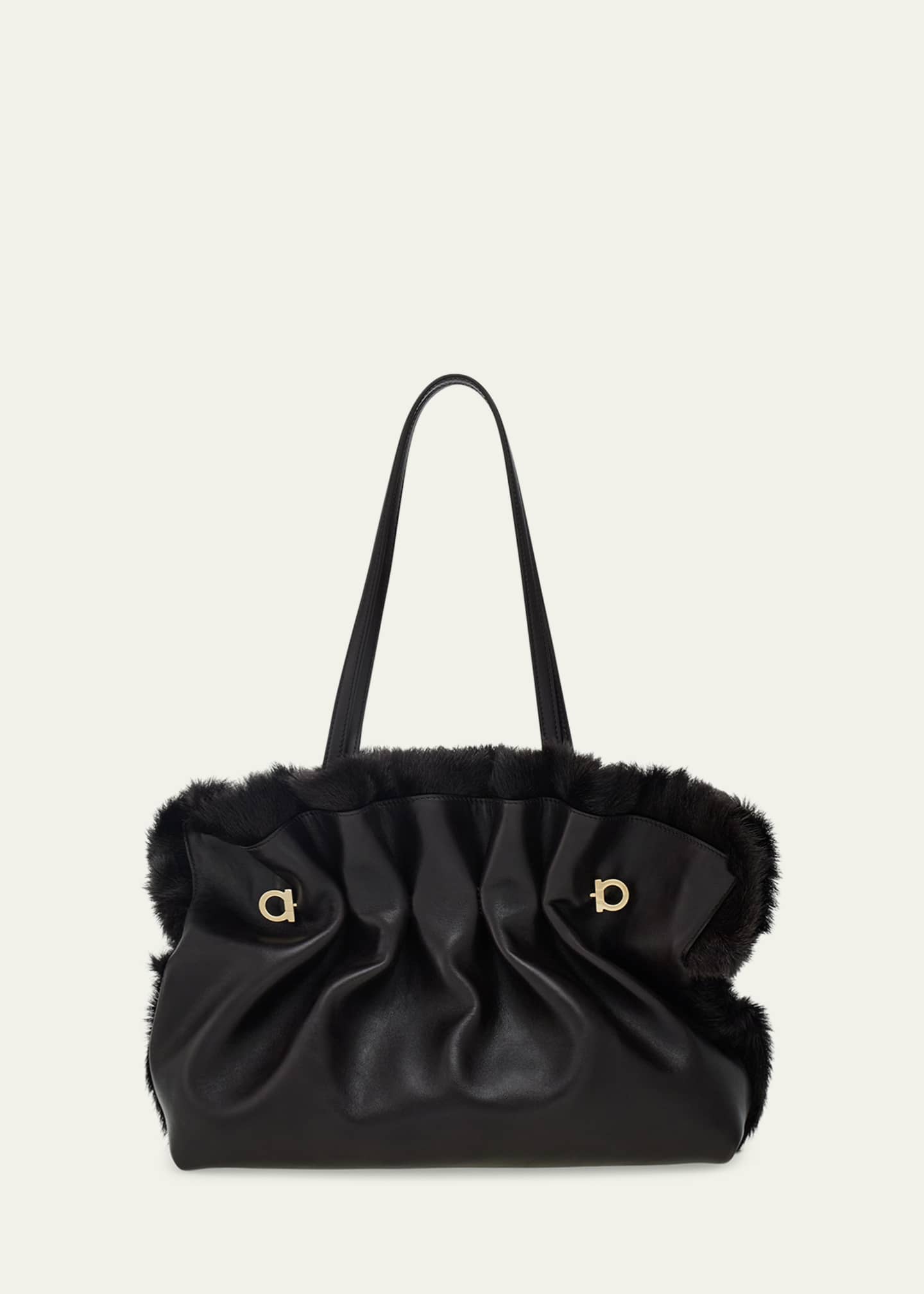 Ferragamo Medium Gancio Piercing Shoulder Bag with Fur Trim