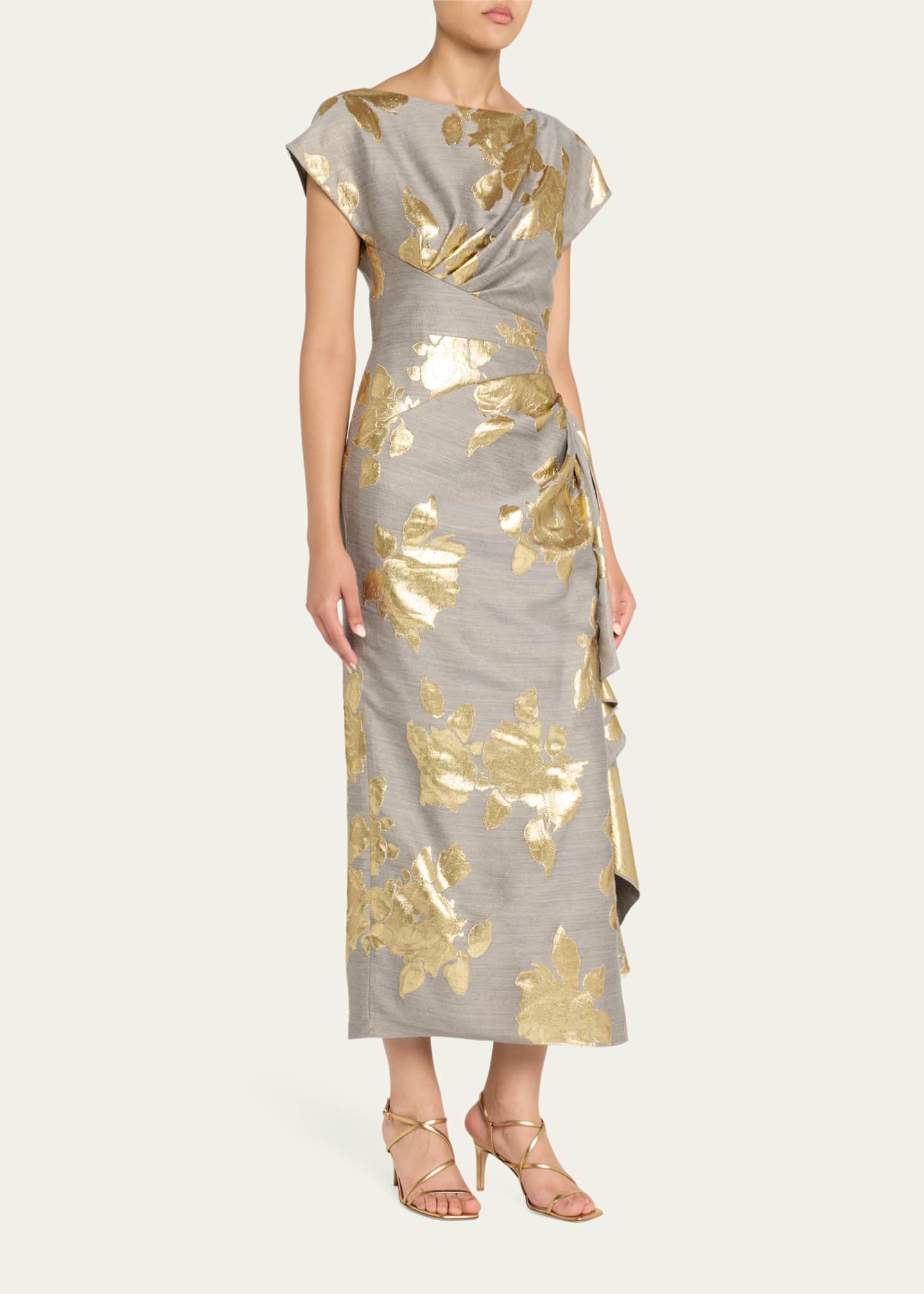 【新品未使用】Floral Jacquard Draped Dress Lela Rose Florence Metallic Floral Jacquard Draped Midi