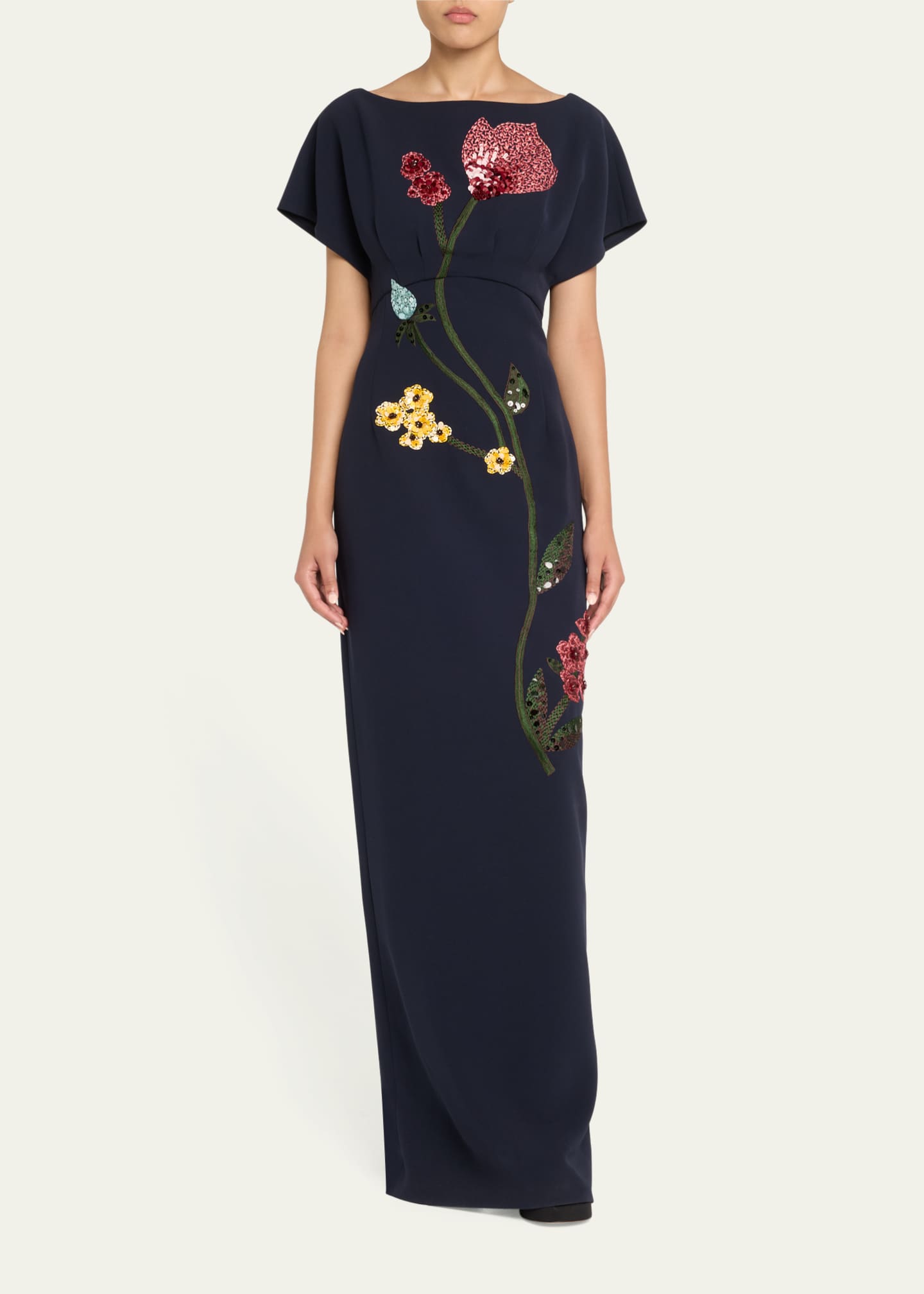 Lela Rose Savannah Sequined Floral Embroidered Empire Gown Image 2 of 5