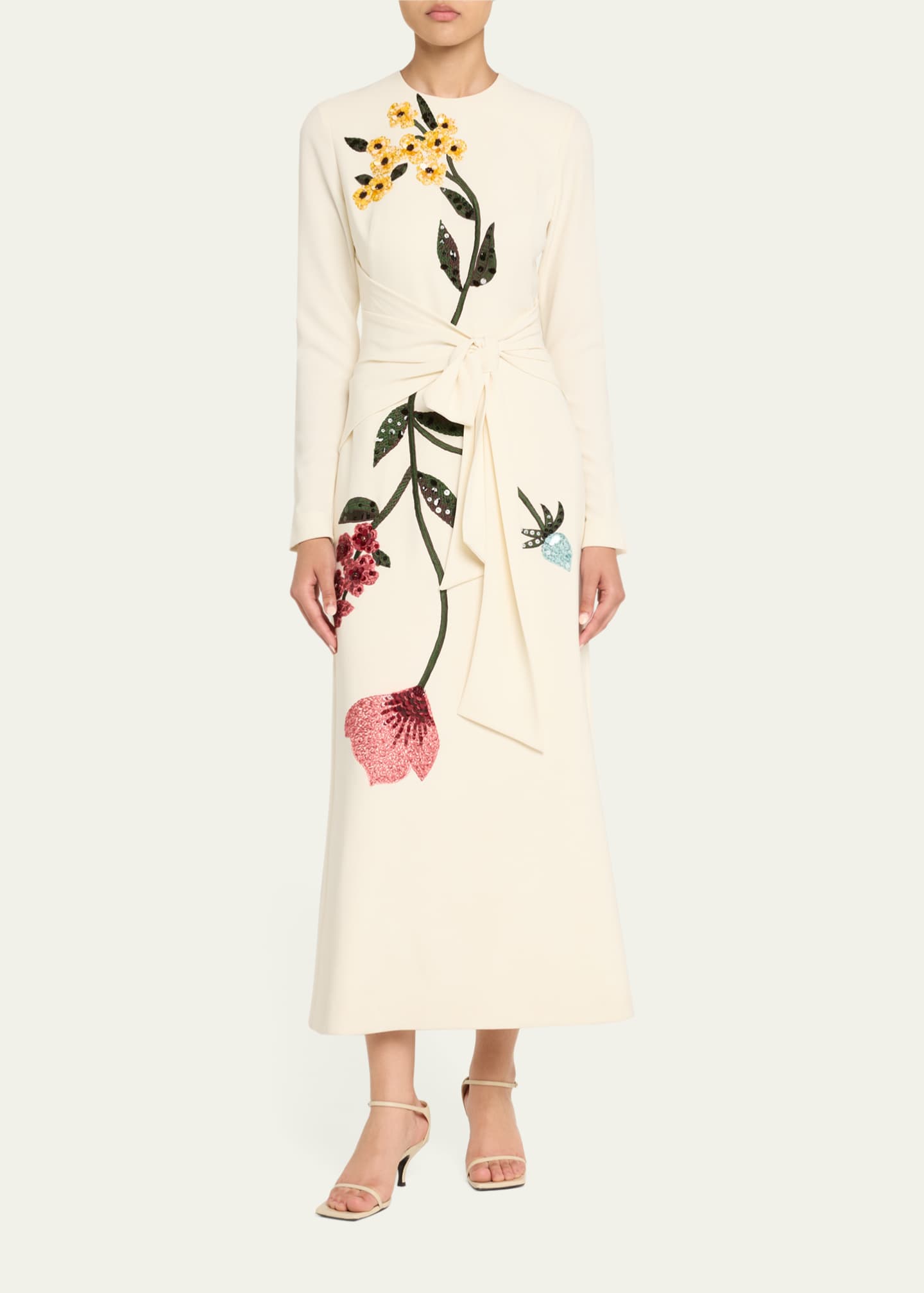 Lela Rose Floral Embroidered Long-Sleeve Tie Waist Midi Dress Image 2 of 5