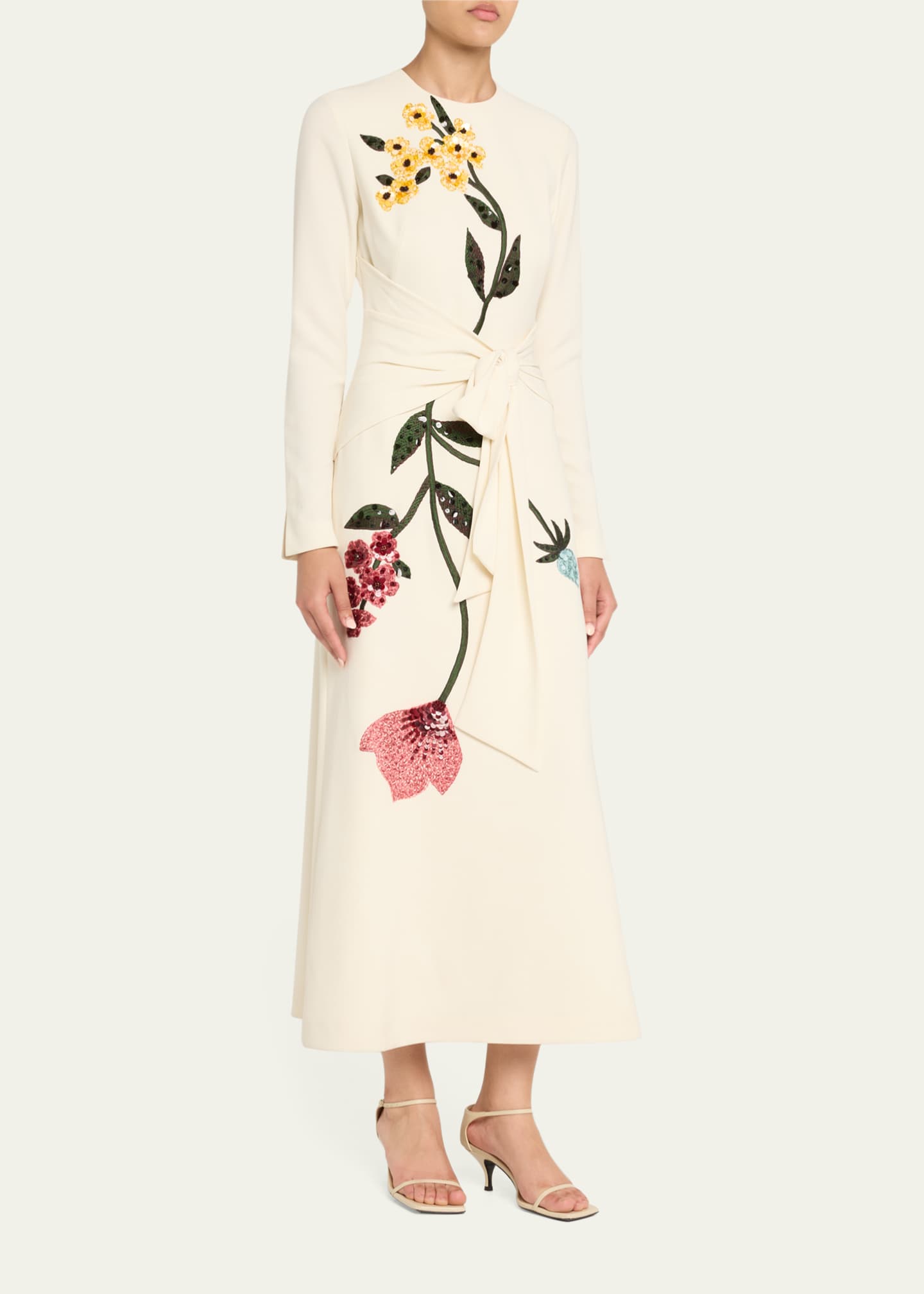 Lela Rose Floral Embroidered Long-Sleeve Tie Waist Midi Dress Image 4 of 5