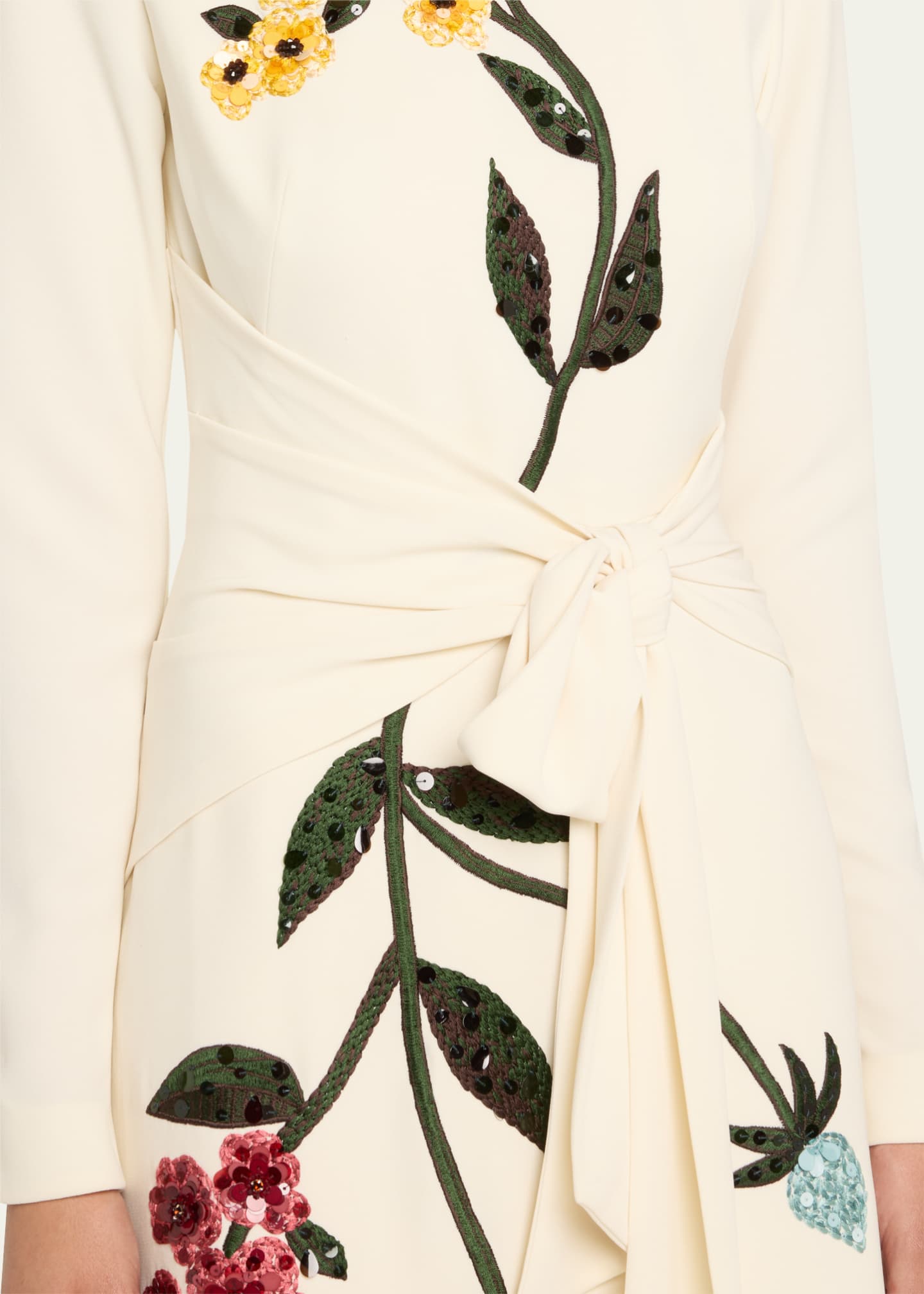Lela Rose Floral Embroidered Long-Sleeve Tie Waist Midi Dress Image 5 of 5