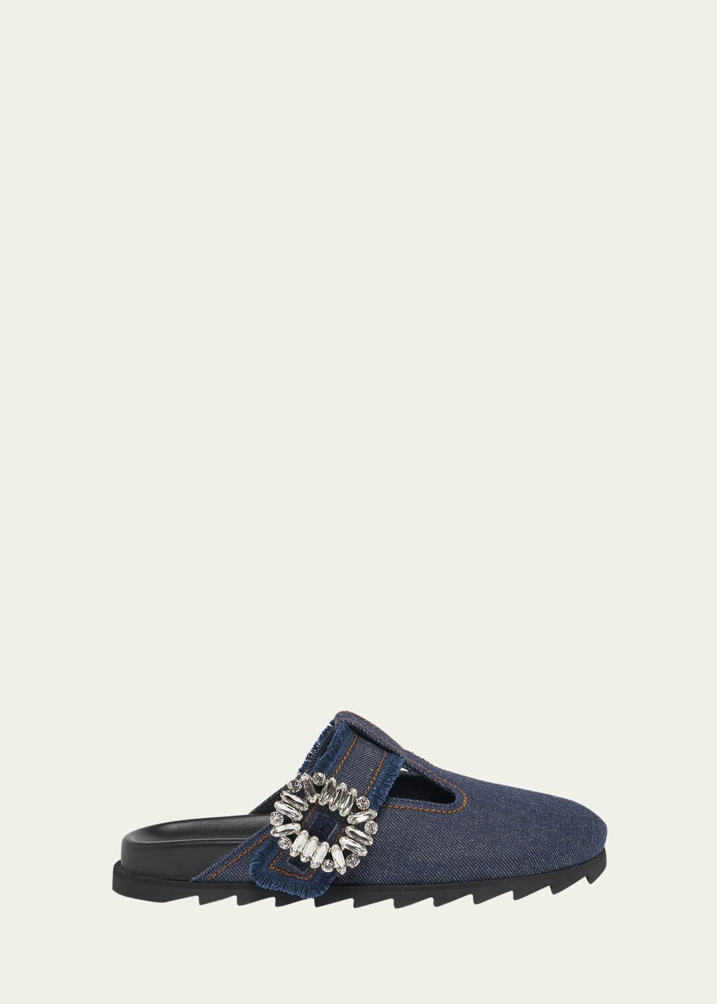 Roger Vivier Denim Crystal Buckle T-Strap Mule Clogs Image 1 of 4