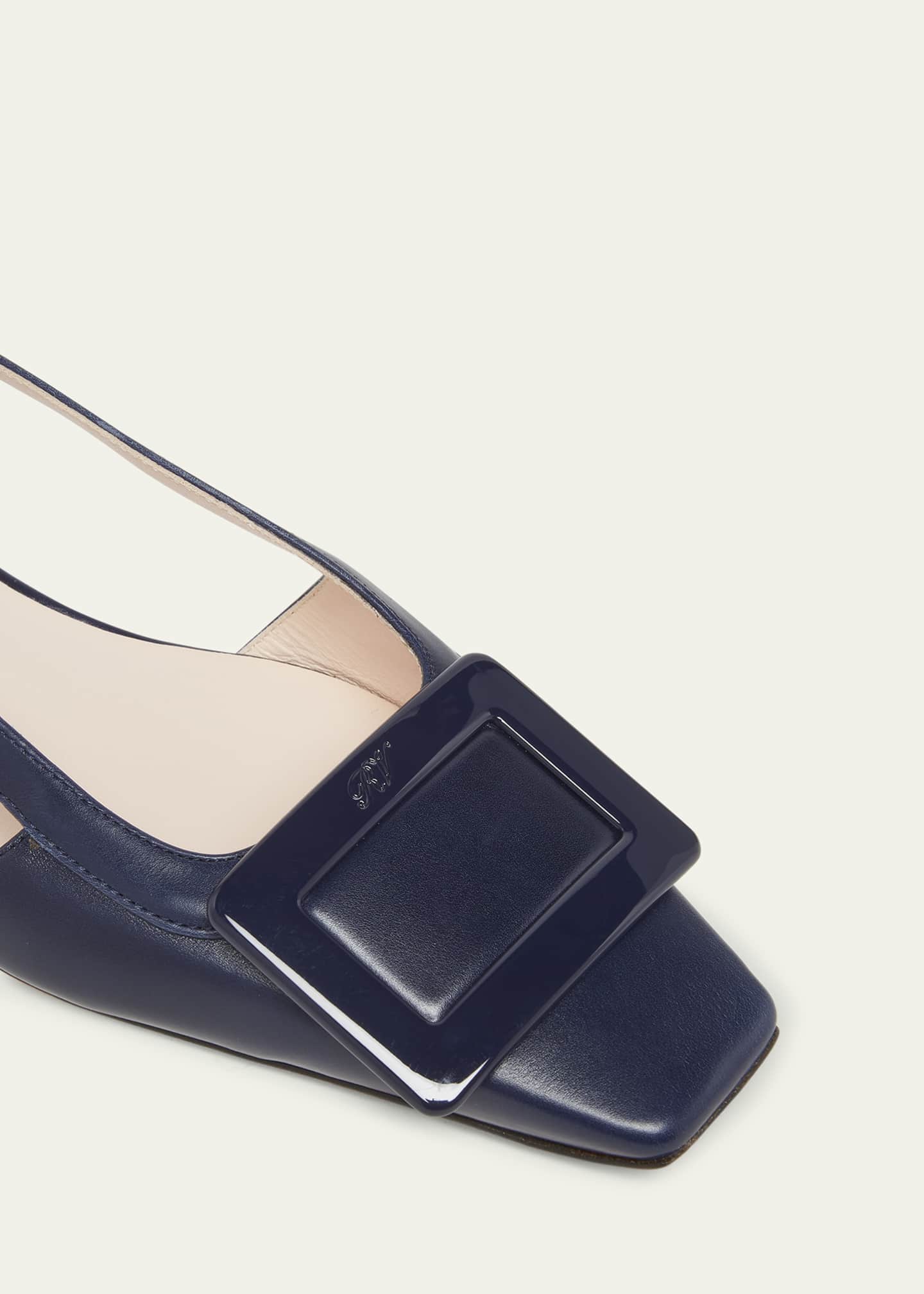Roger Vivier Belle Vivier Leather Buckle Kitten-Heel Slingback