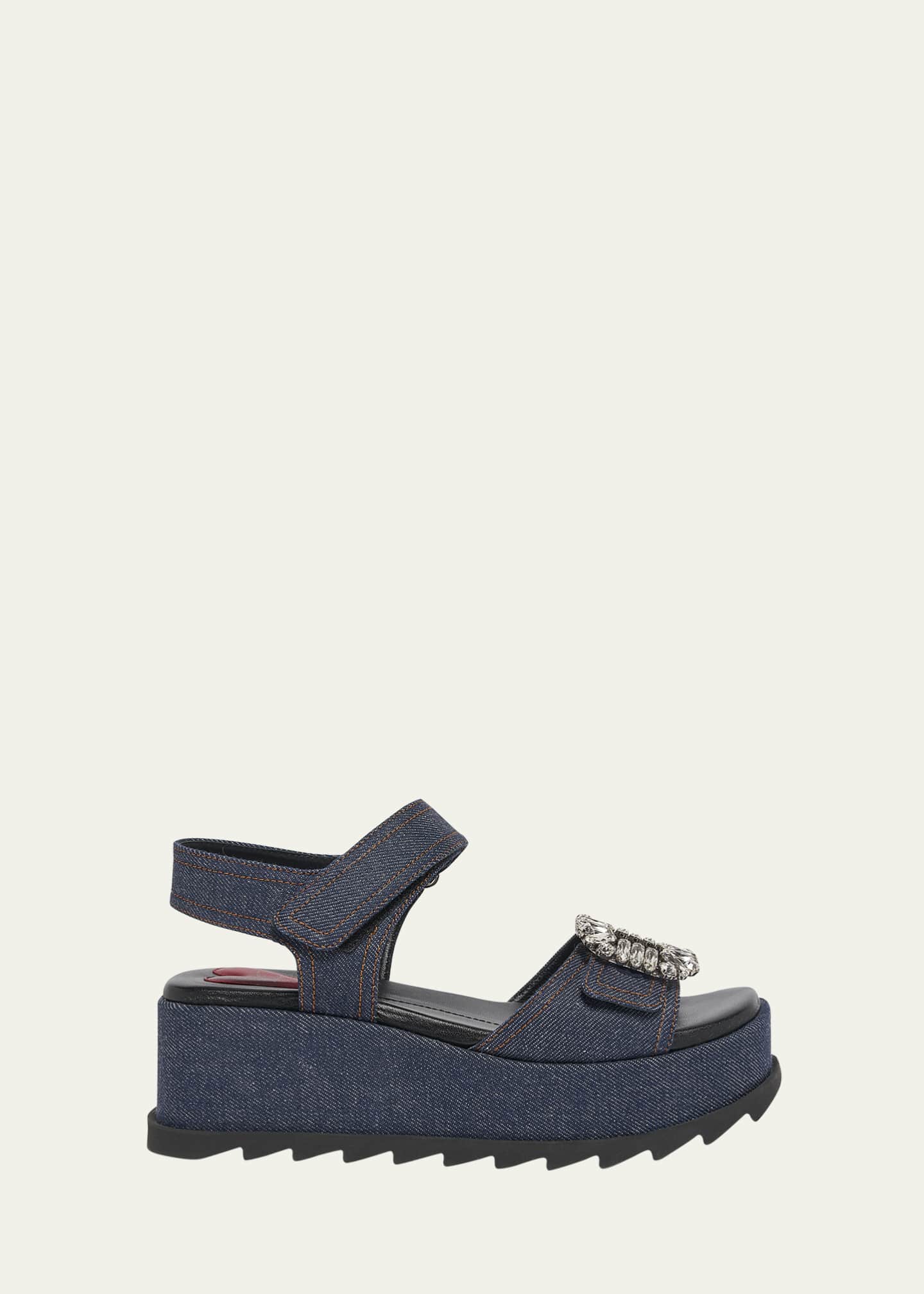 Roger Vivier Denim Strass Wedge Sandals Image 1 of 4