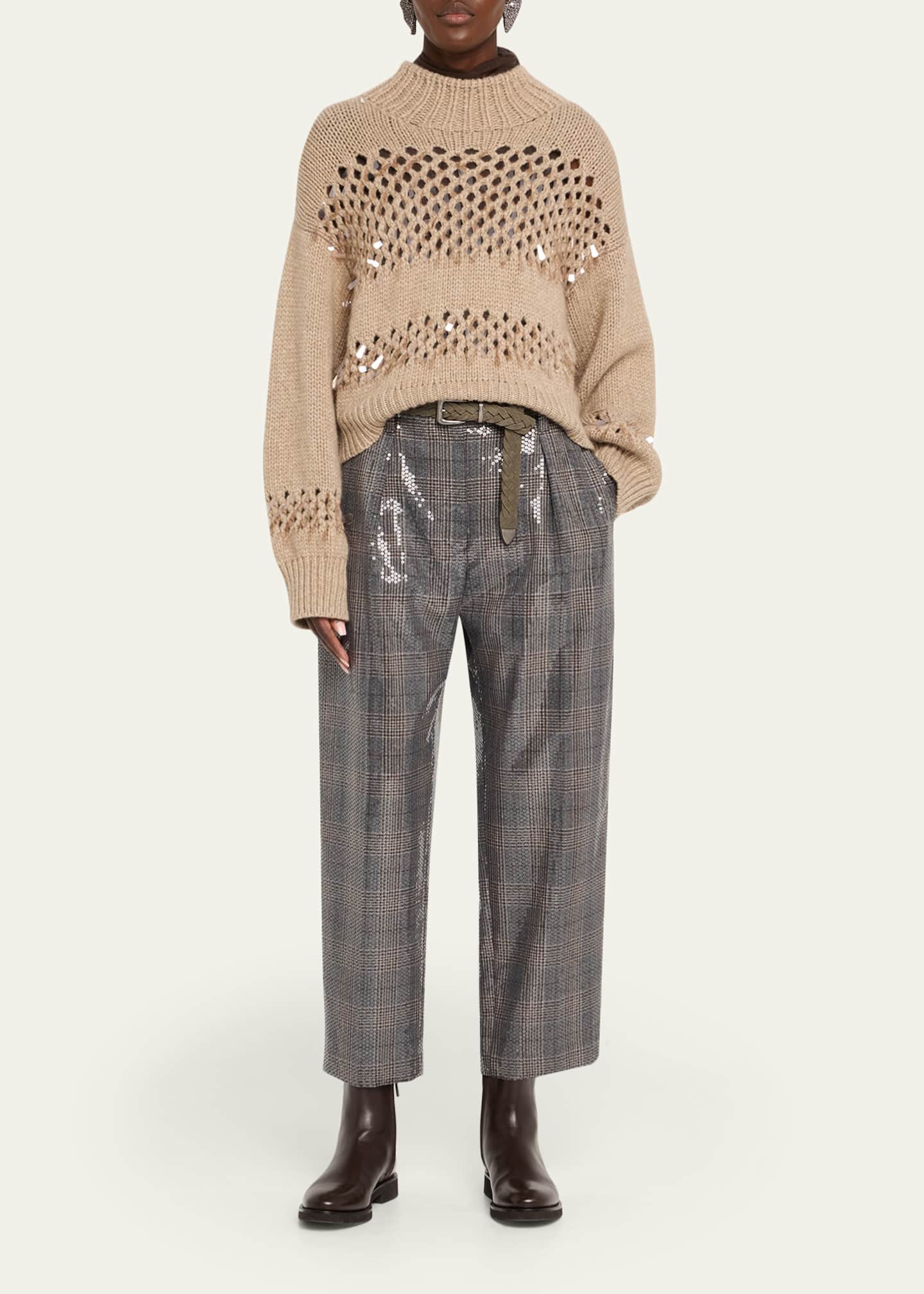 Brunello Cucinelli Wool Prince Of Wales Baggy Straight-Leg Ankle Pull-On Pants Image 2 of 5