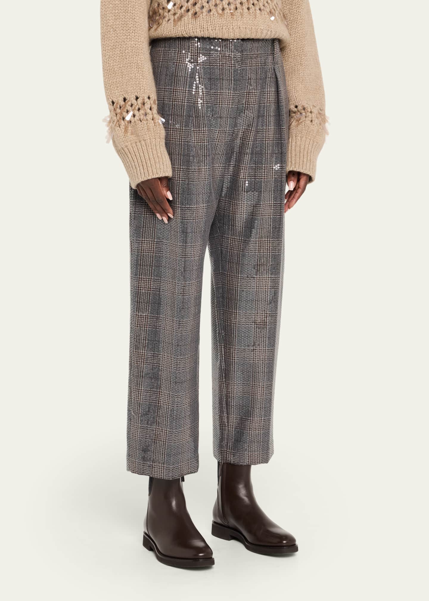 Brunello Cucinelli Wool Prince Of Wales Baggy Straight-Leg Ankle Pull-On Pants Image 4 of 5