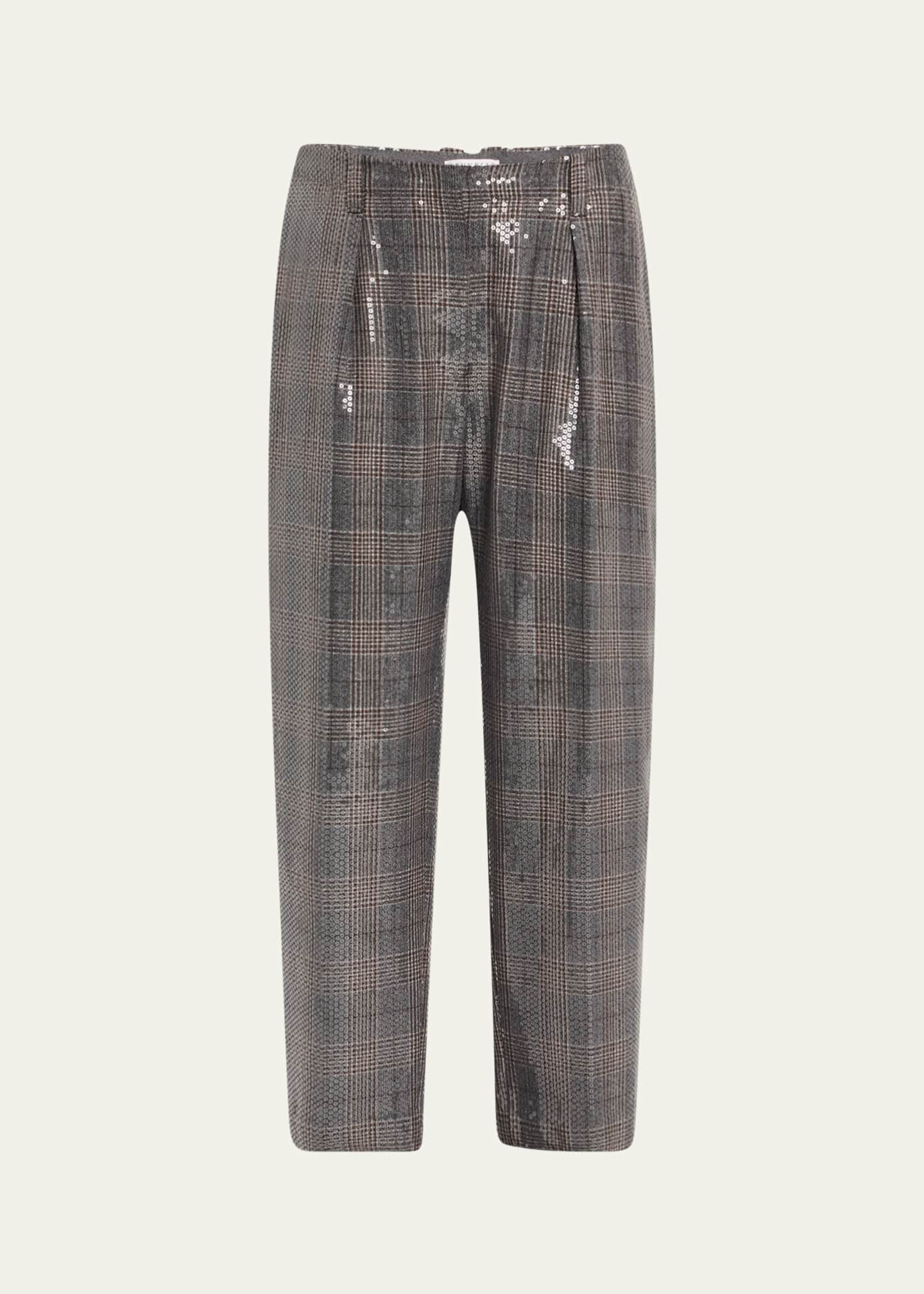 Brunello Cucinelli Wool Prince Of Wales Baggy Straight-Leg Ankle Pull-On Pants Image 1 of 5
