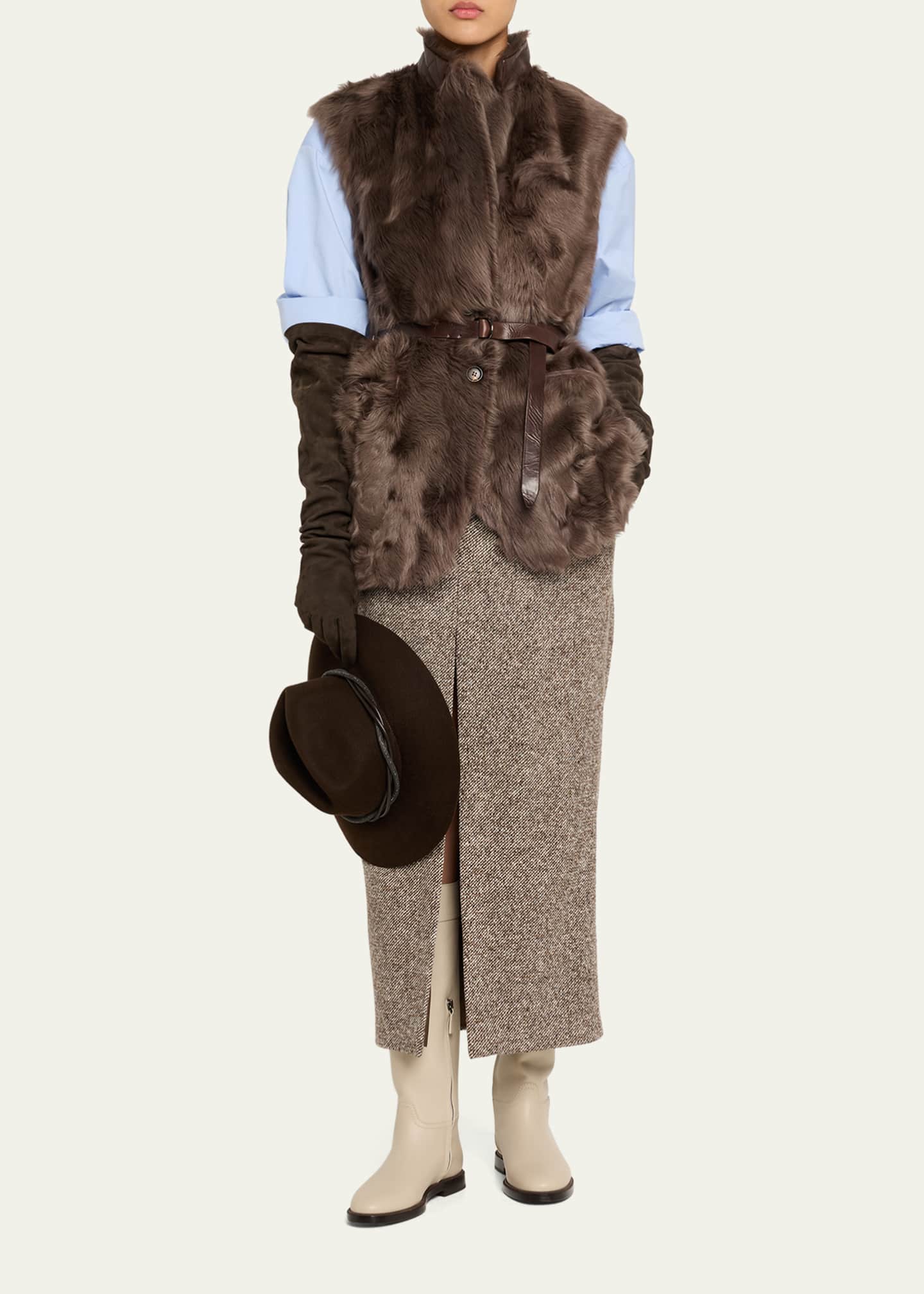 Brunello Cucinelli Diagonal Wool Tweed Midi Sartorial Pencil Skirt Image 2 of 5