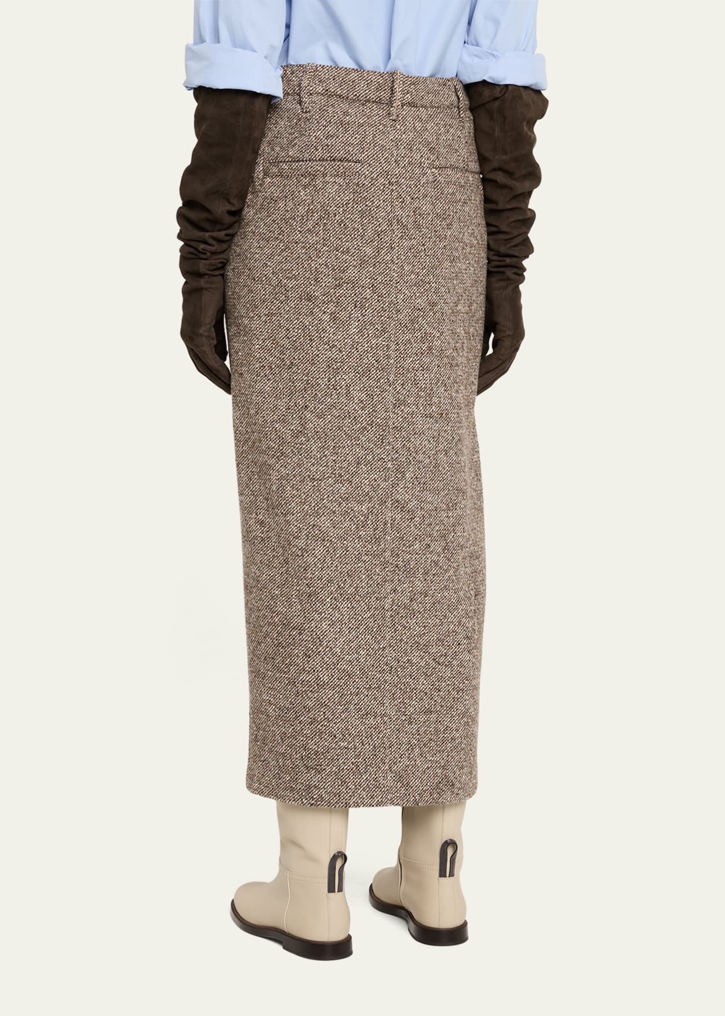 Brunello Cucinelli Diagonal Wool Tweed Midi Sartorial Pencil Skirt Image 3 of 5