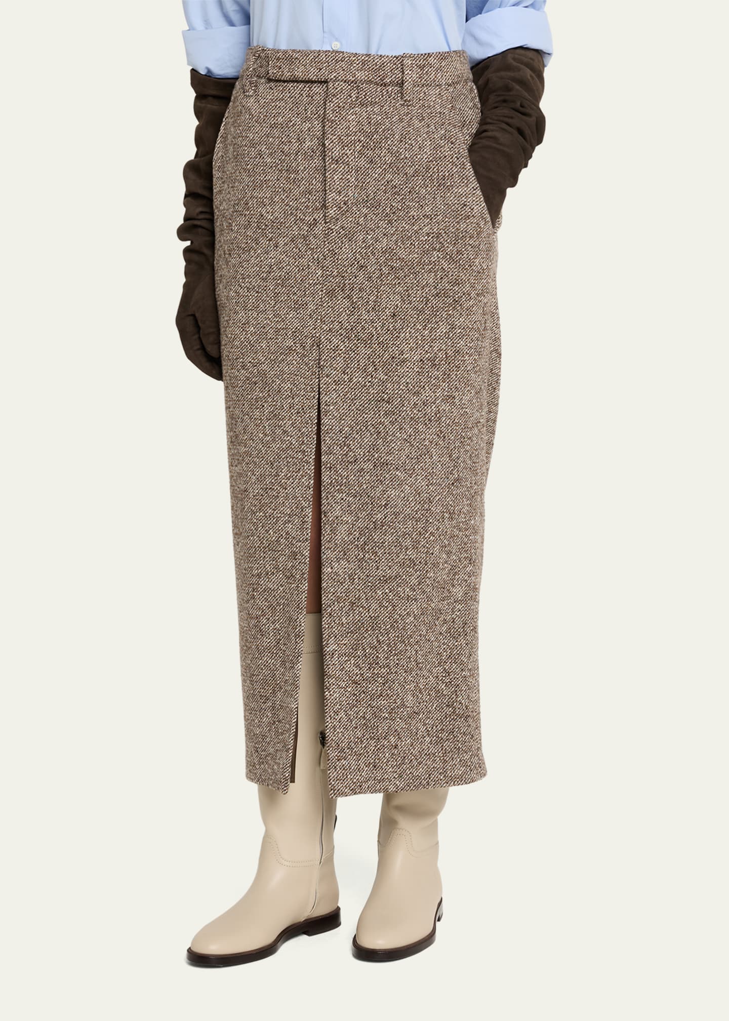 Brunello Cucinelli Diagonal Wool Tweed Midi Sartorial Pencil Skirt Image 4 of 5