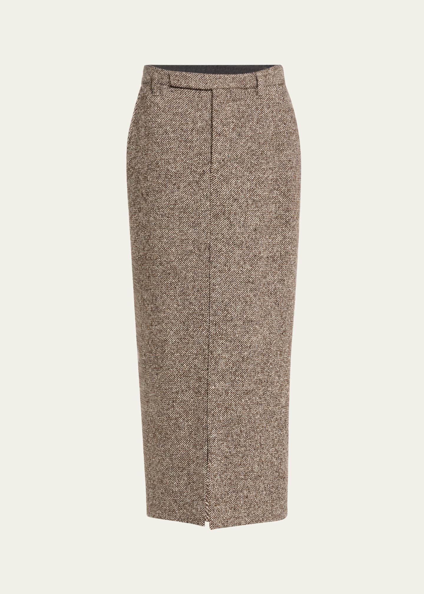 Brunello Cucinelli Diagonal Wool Tweed Midi Sartorial Pencil Skirt Image 1 of 5
