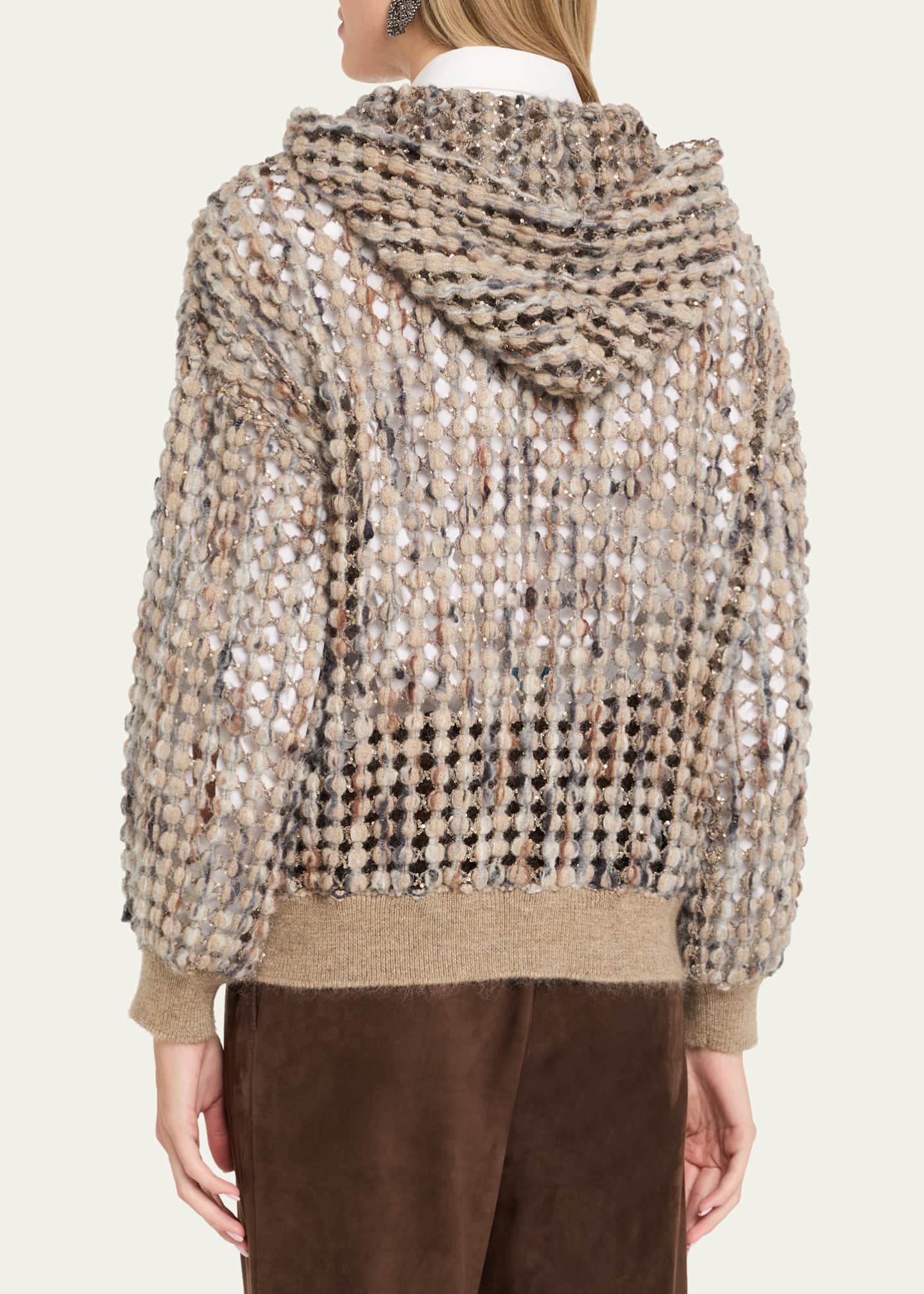 Brunello Cucinelli Pailette Wool-Cashmere Net Balloon-Sleeve Zip Hoodie Image 3 of 5