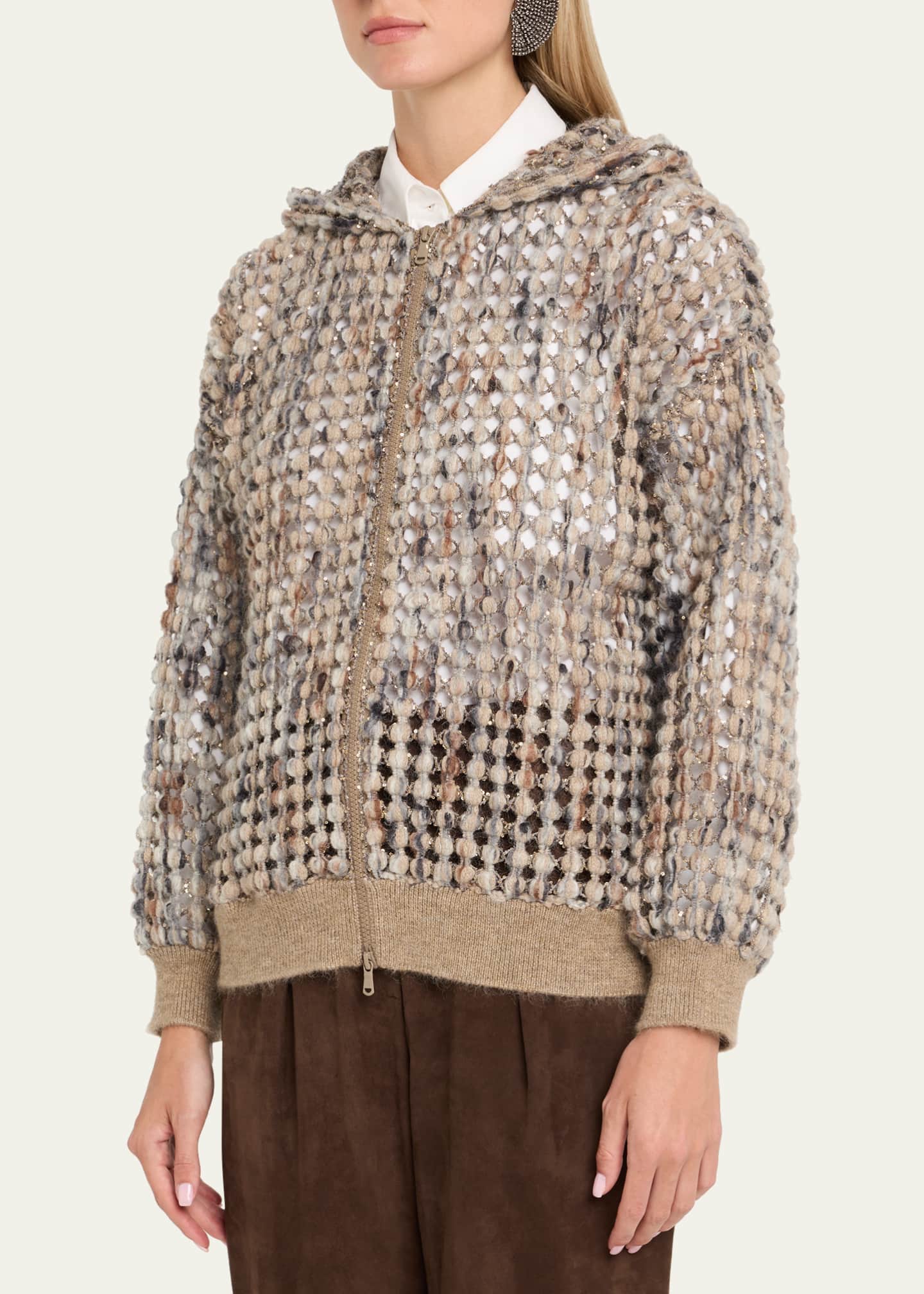 Brunello Cucinelli Pailette Wool-Cashmere Net Balloon-Sleeve Zip Hoodie Image 4 of 5