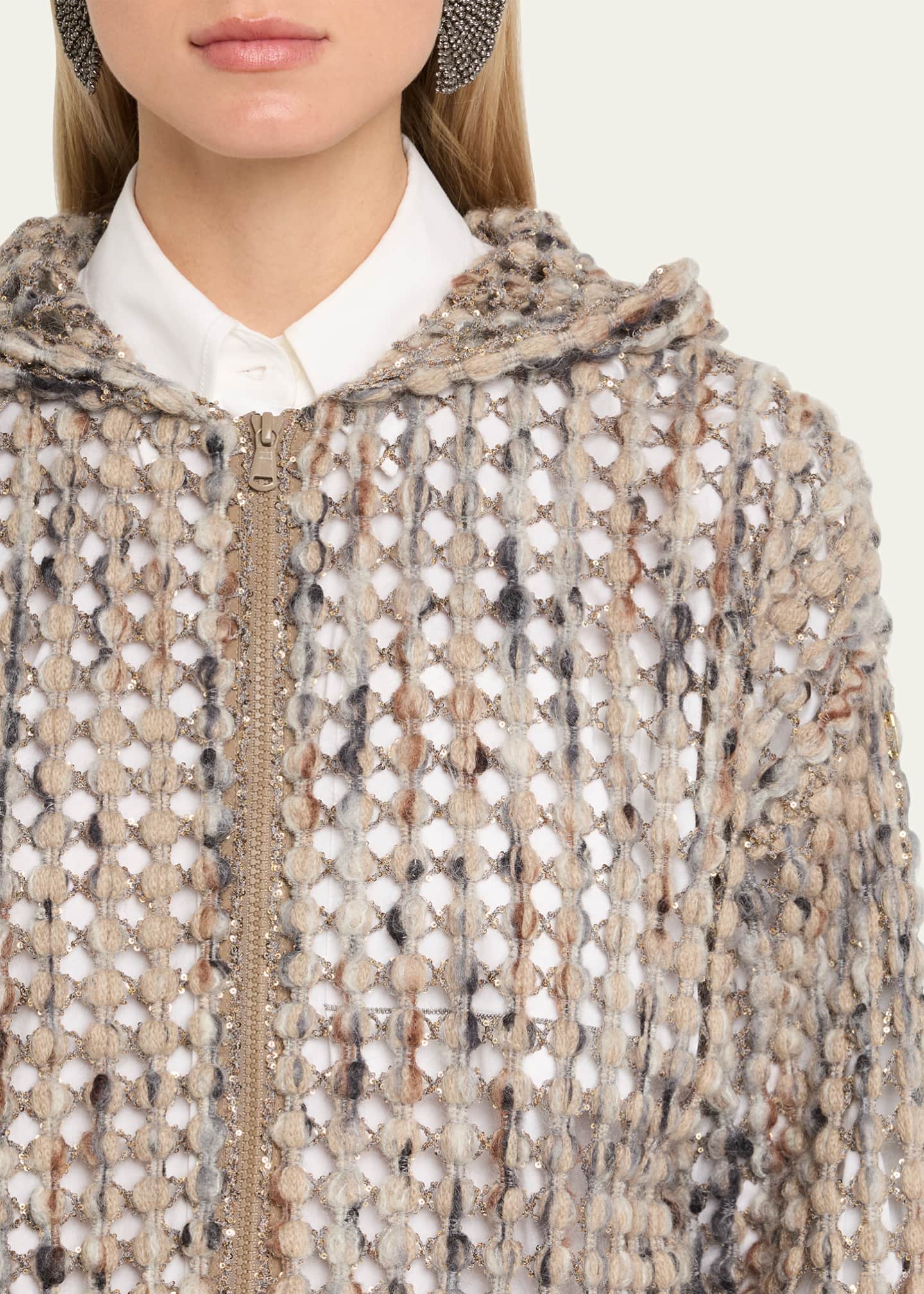 Brunello Cucinelli Pailette Wool-Cashmere Net Balloon-Sleeve Zip Hoodie Image 5 of 5