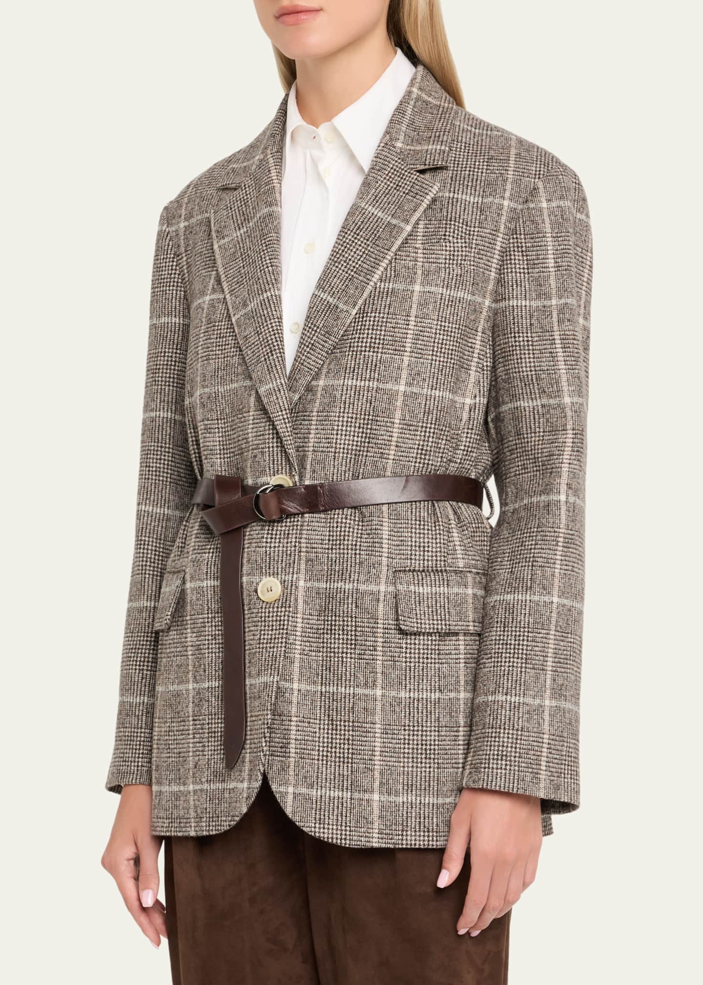 Brunello Cucinelli Belted Wool Alpaca Check Blazer Image 4 of 5