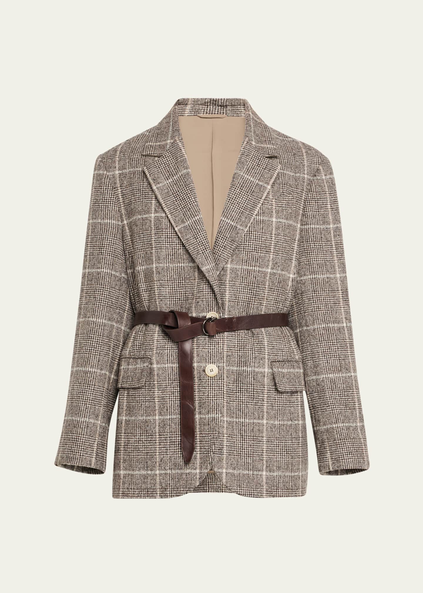 Brunello Cucinelli Belted Wool Alpaca Check Blazer Image 1 of 5