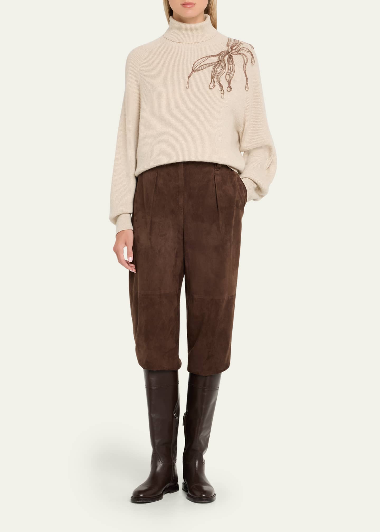 Brunello Cucinelli Cashmere Turtleneck with Monili Flower Detail Image 2 of 5