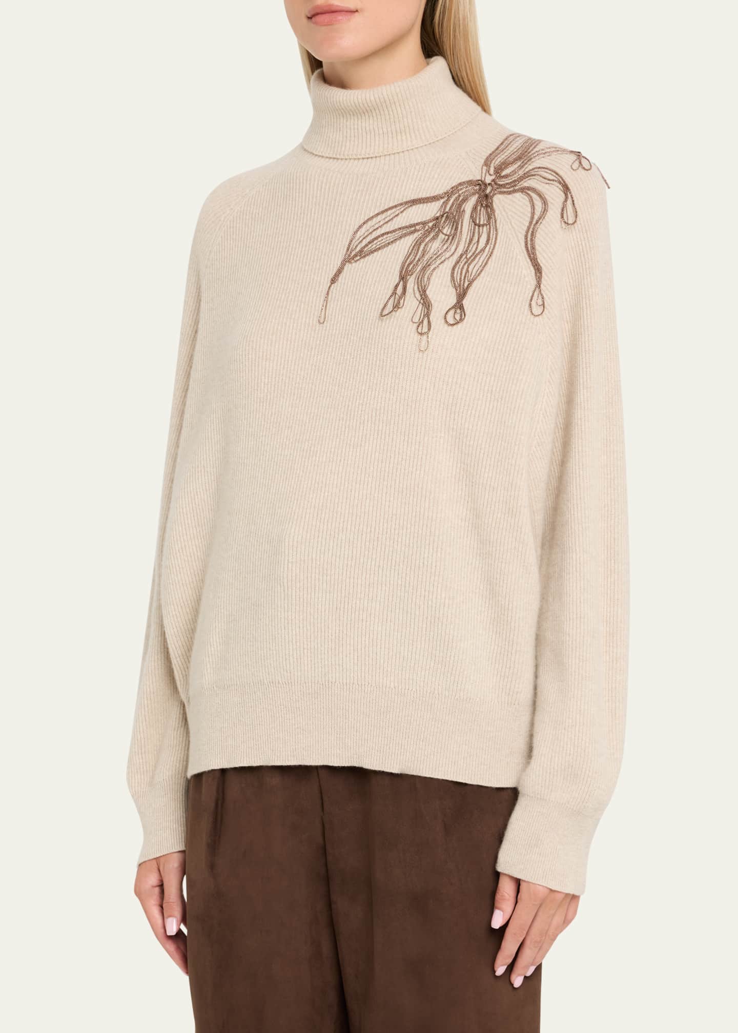 Brunello Cucinelli Cashmere Turtleneck with Monili Flower Detail Image 4 of 5