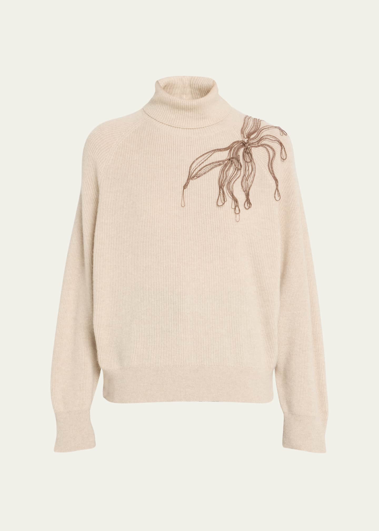 Brunello Cucinelli Cashmere Turtleneck with Monili Flower Detail Image 1 of 5
