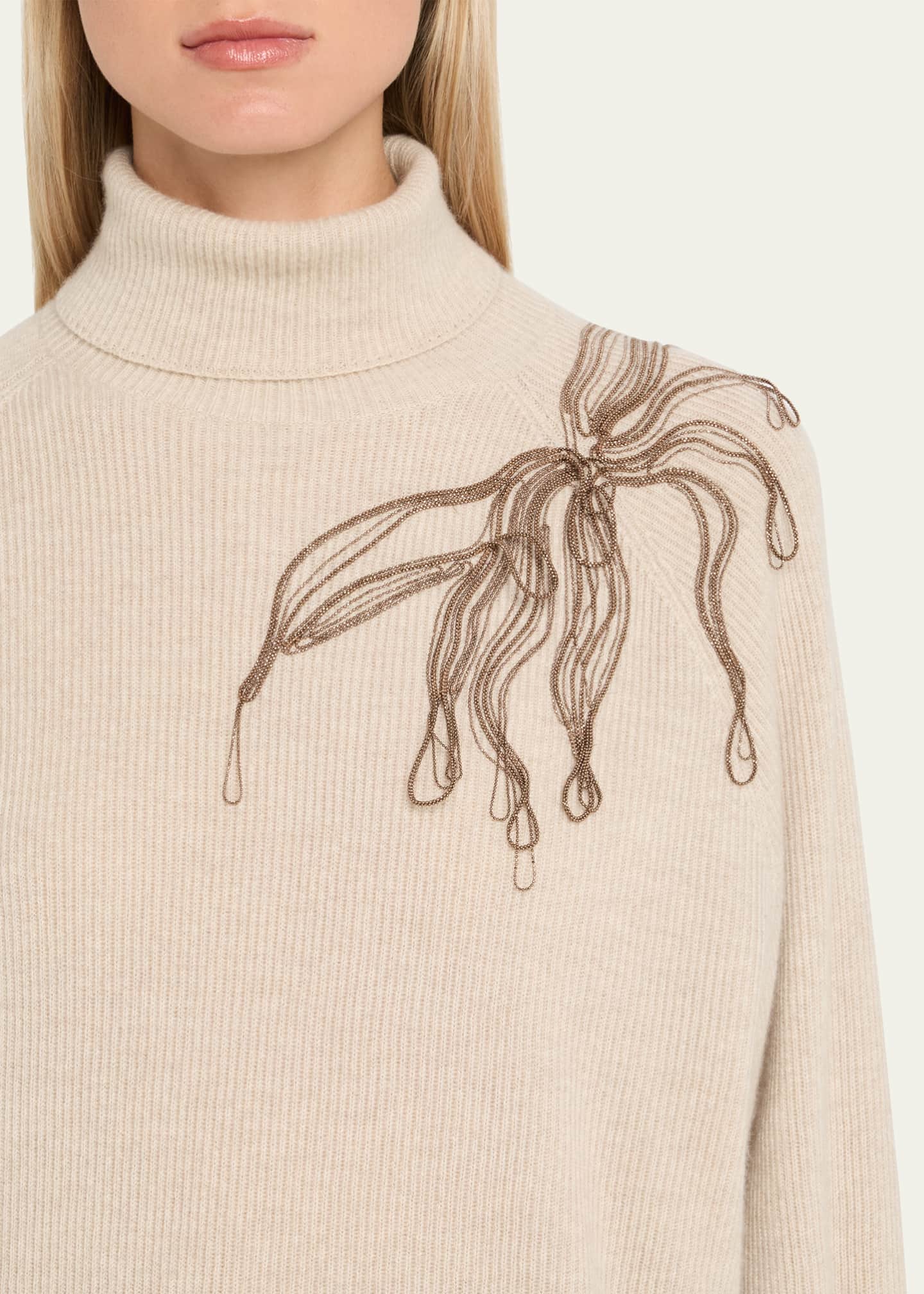 Brunello Cucinelli Cashmere Turtleneck with Monili Flower Detail Image 5 of 5