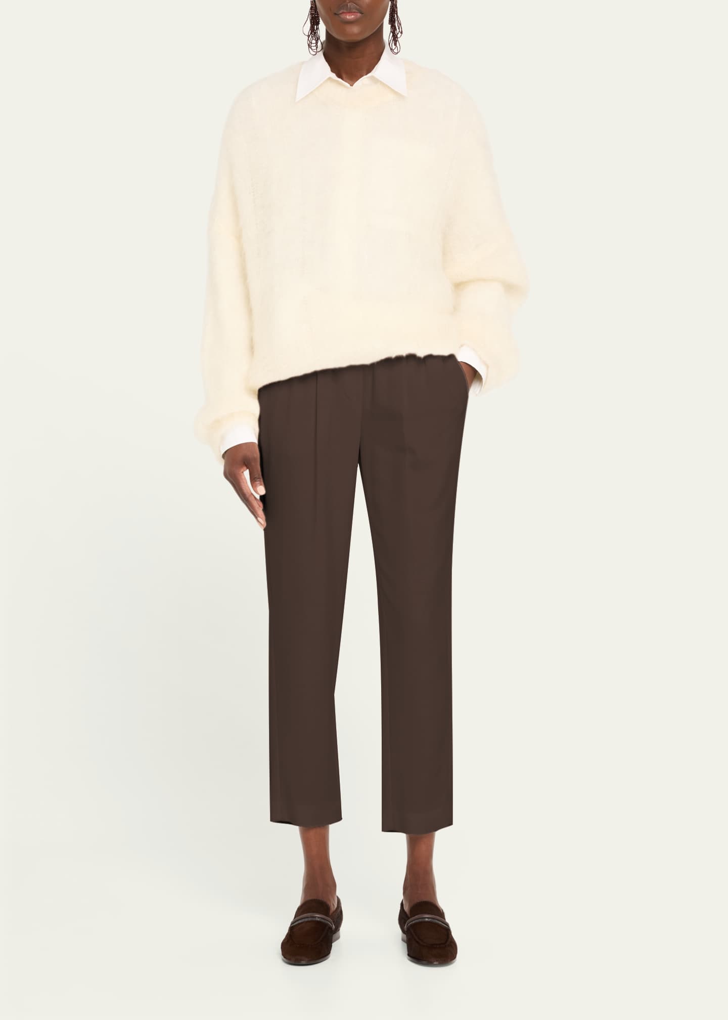 Silk Crepe Cady Tailored Straight-Leg Pull-On Pants