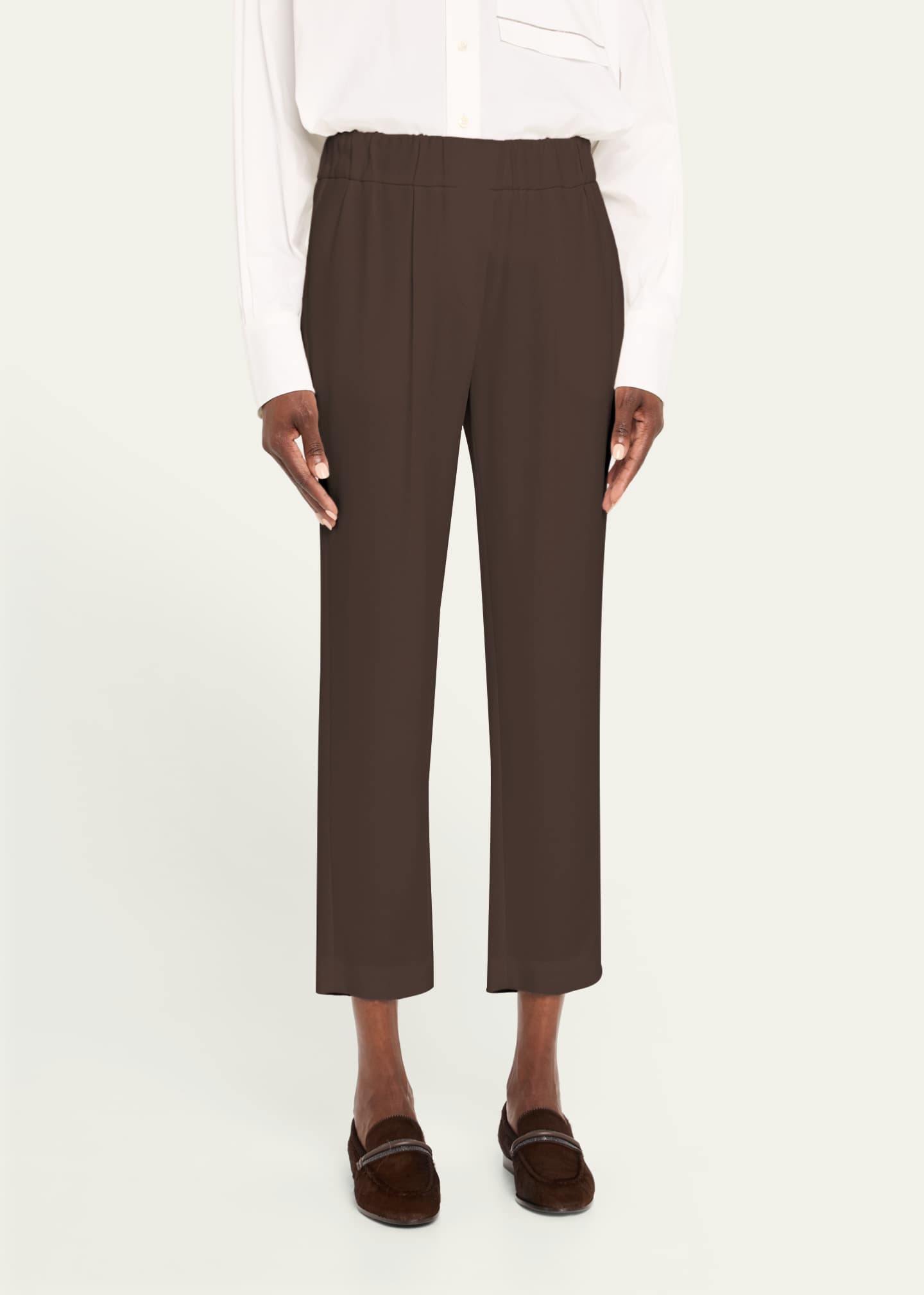 Silk Crepe Cady Tailored Straight-Leg Pull-On Pants